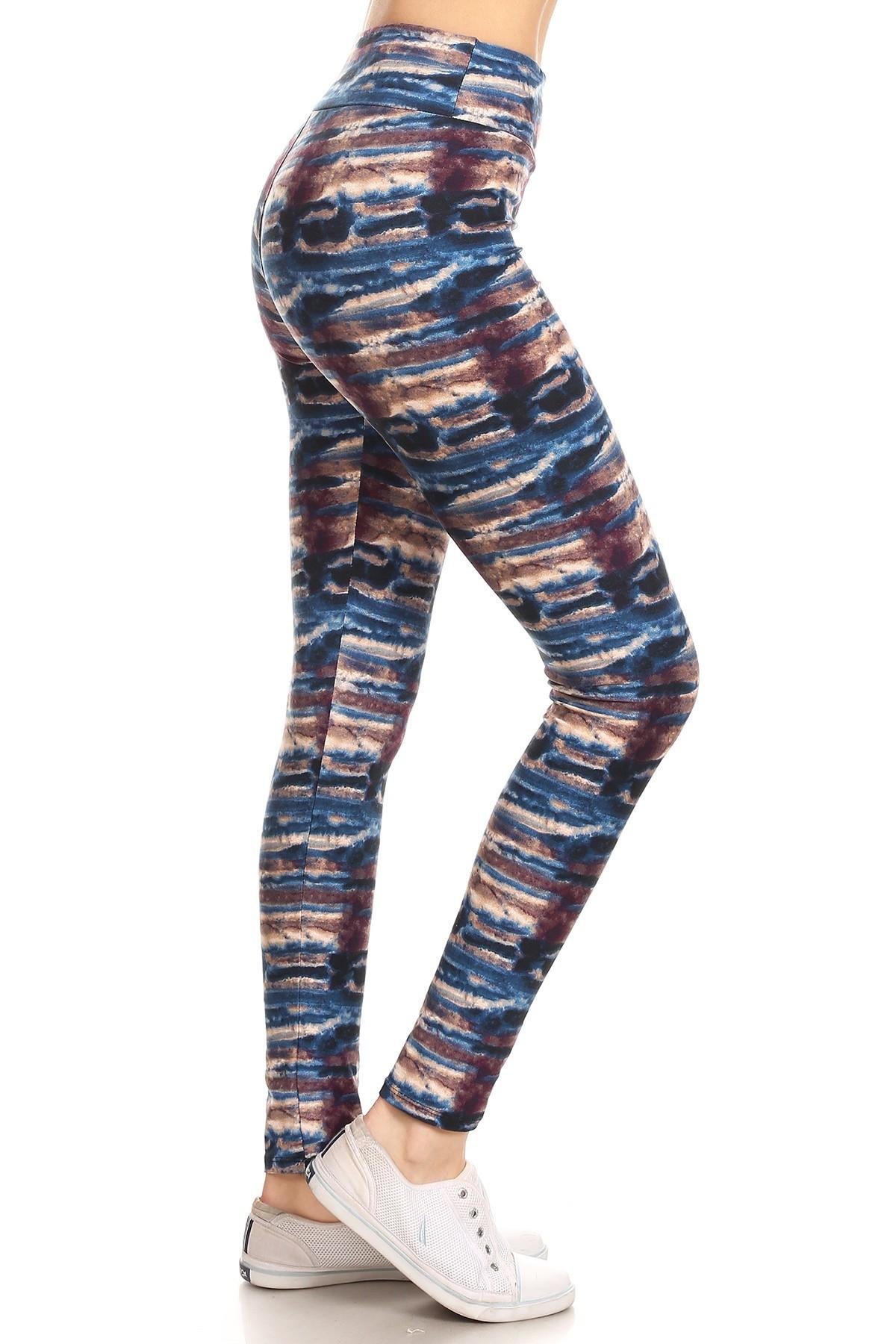 Tie-Dye High-Waist Full-Length Yoga Leggings in blue, brown, and black pattern