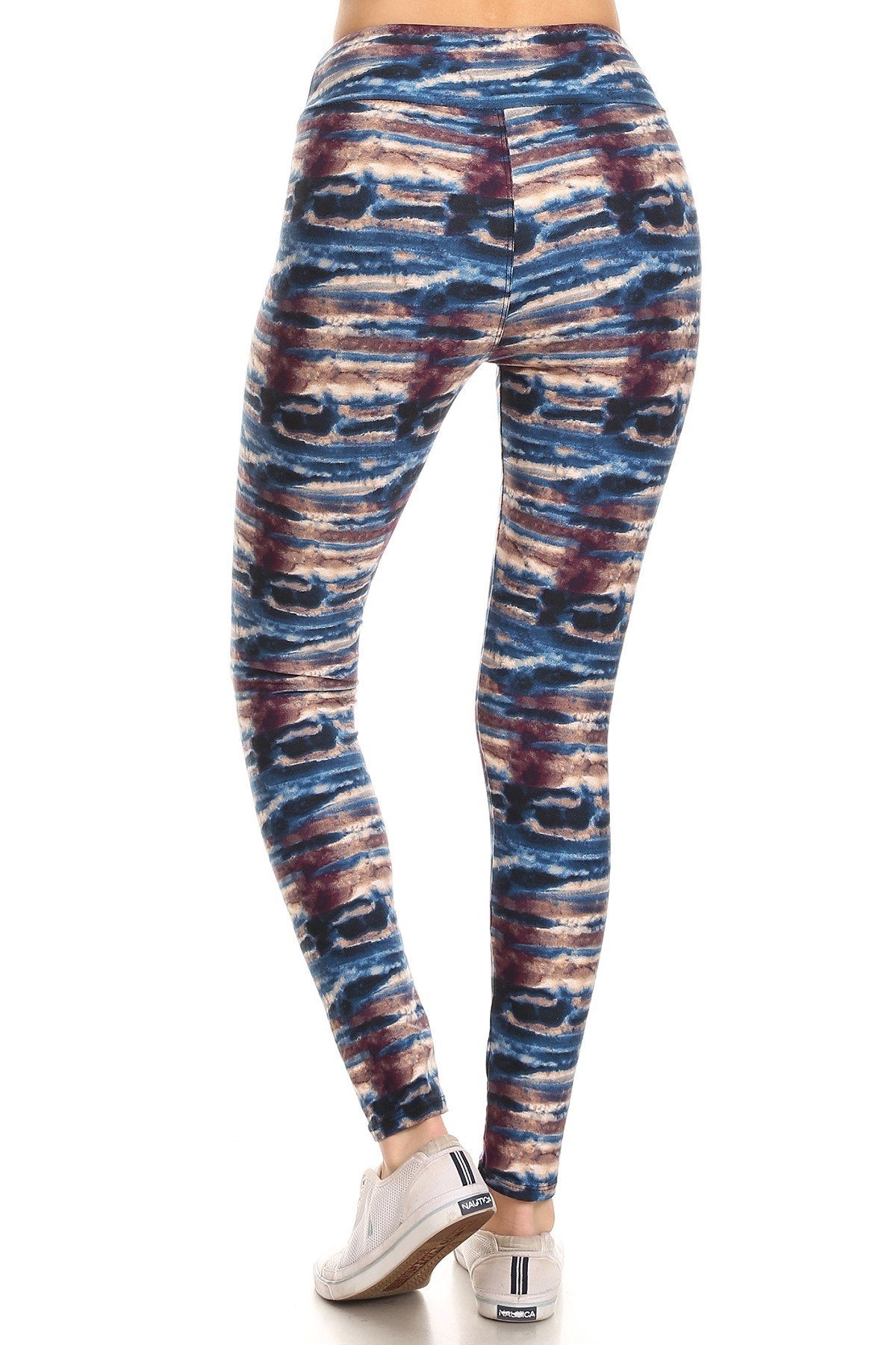 Tie-Dye High-Waist Full-Length Yoga Leggings in blue, brown, and black tie-dye pattern