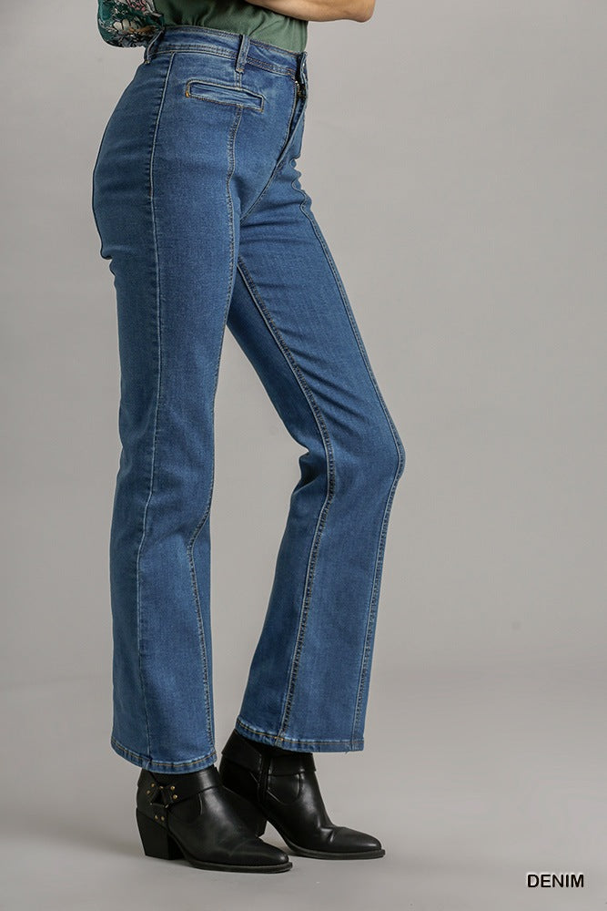 Denim Panel Straight Cut Jeans With Pockets