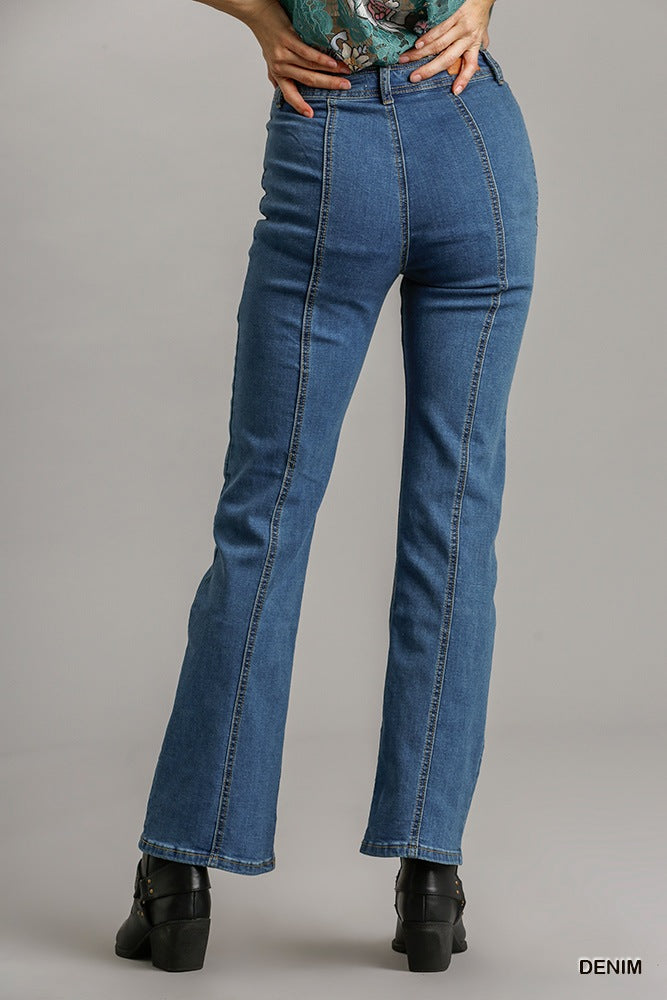 Denim Panel Straight Cut Jeans With Pockets