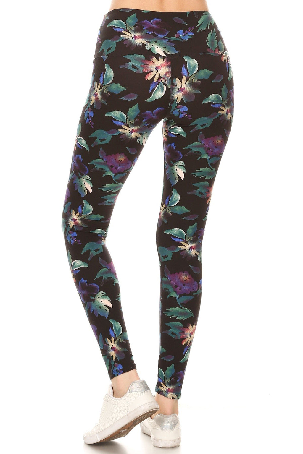 Floral Print High-Waist Yoga Leggings, full length, on a model from behind