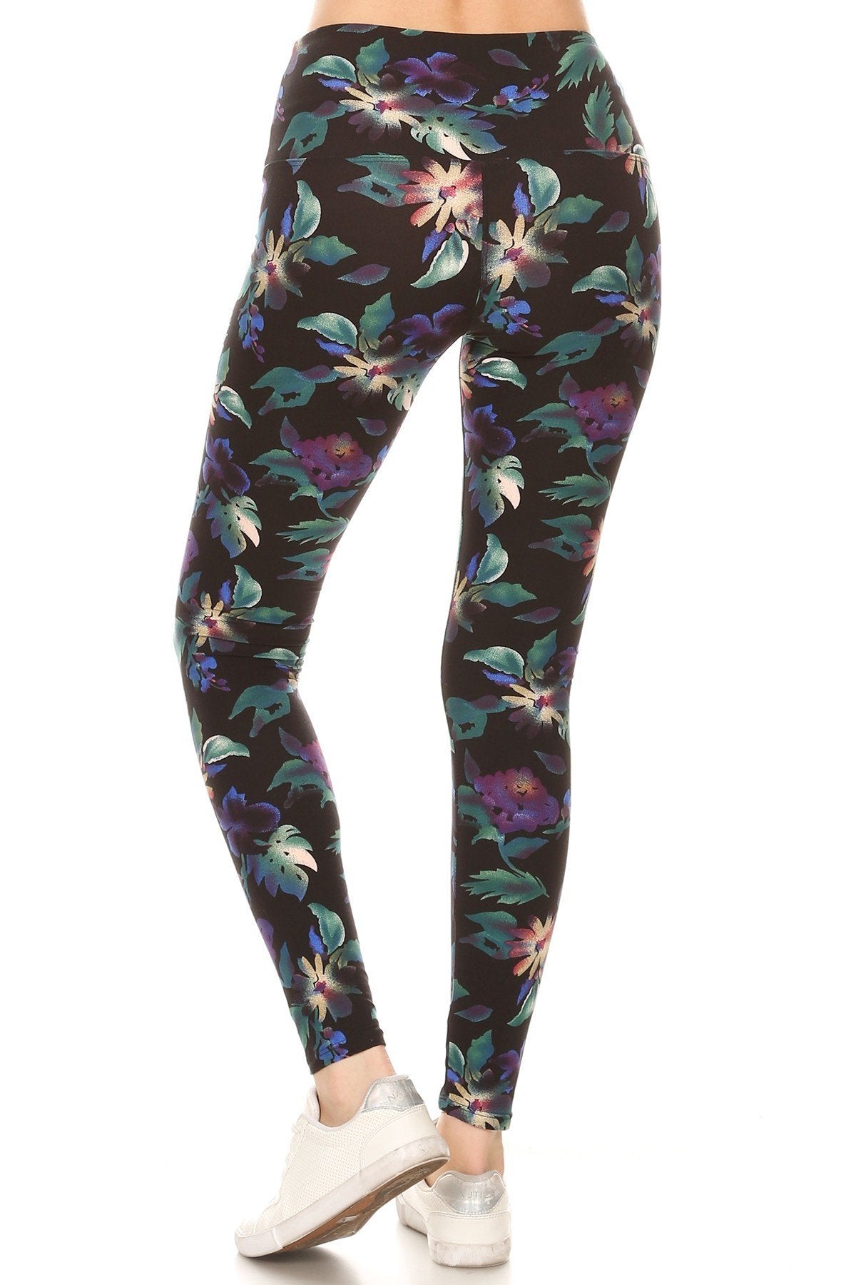 Floral Print High-Waist Yoga Leggings, full length, on a model from behind