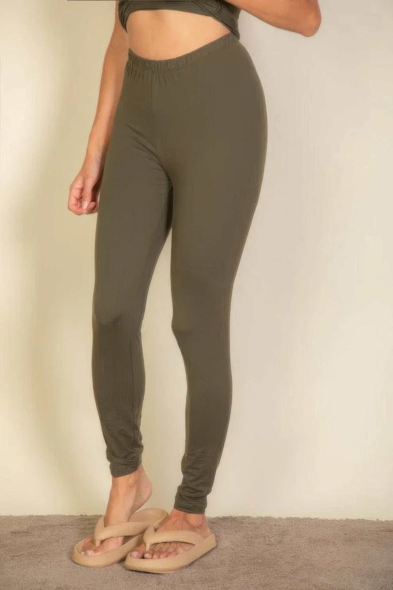 Olive Basic Solid Leggings with a matching crop top and beige flip-flops