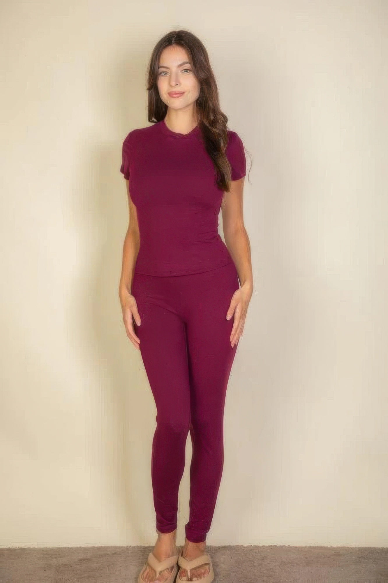 Woman wearing Burgundy Basic Solid Leggings and matching short-sleeve top