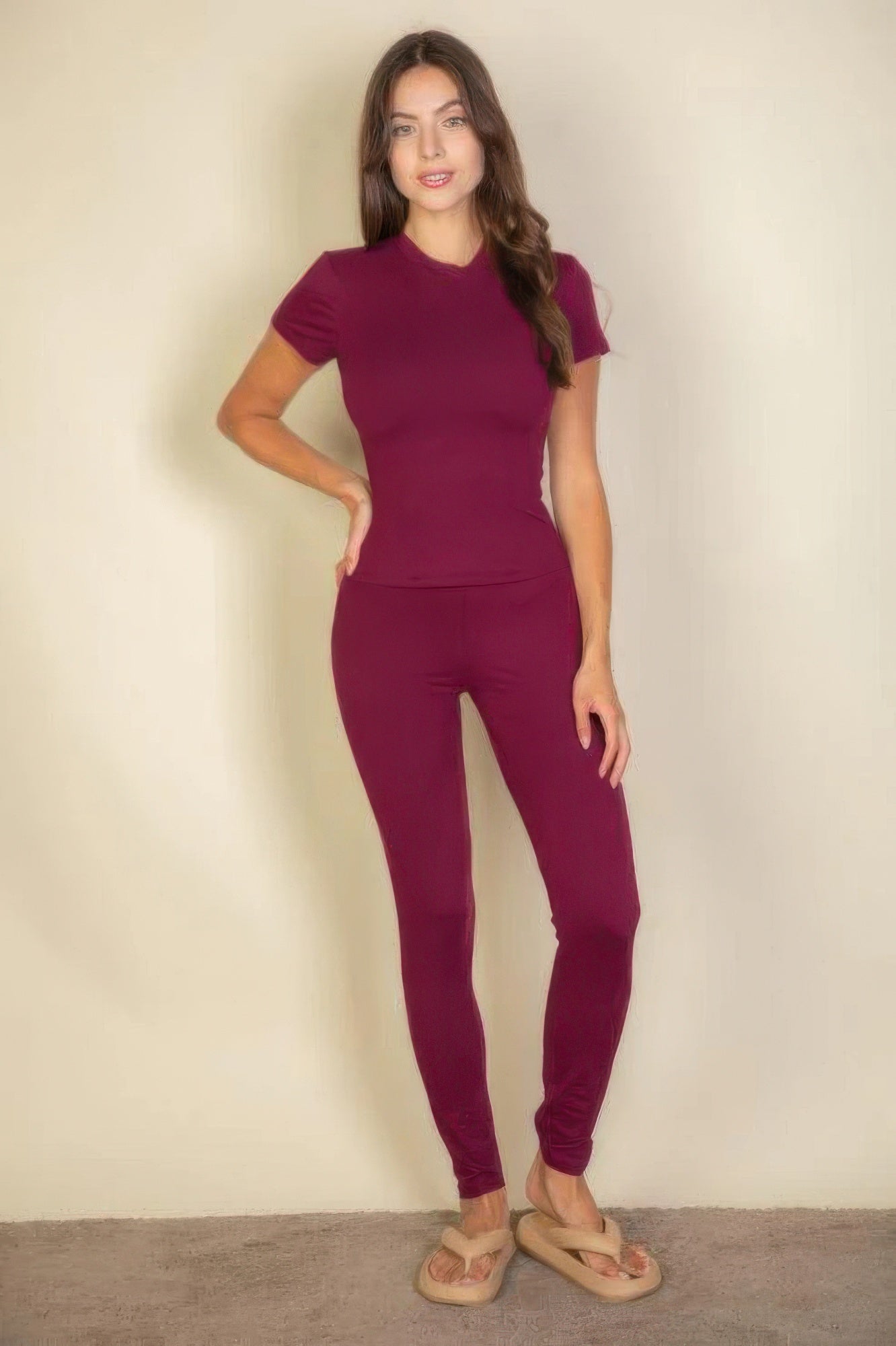 Woman wearing Burgundy Basic Solid Leggings and matching short-sleeved top
