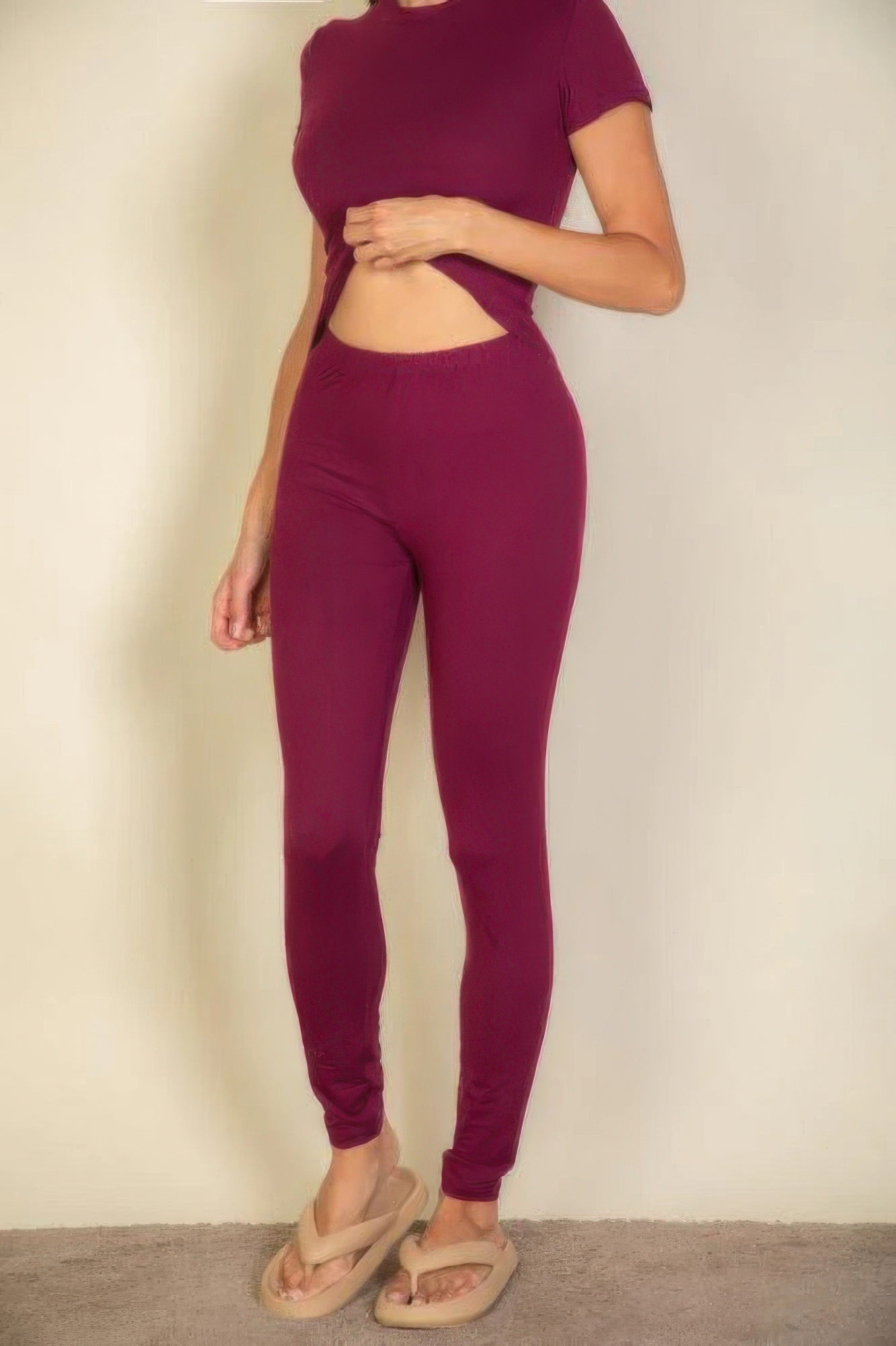 Burgundy Basic Solid Leggings with matching crop top and beige flip-flops