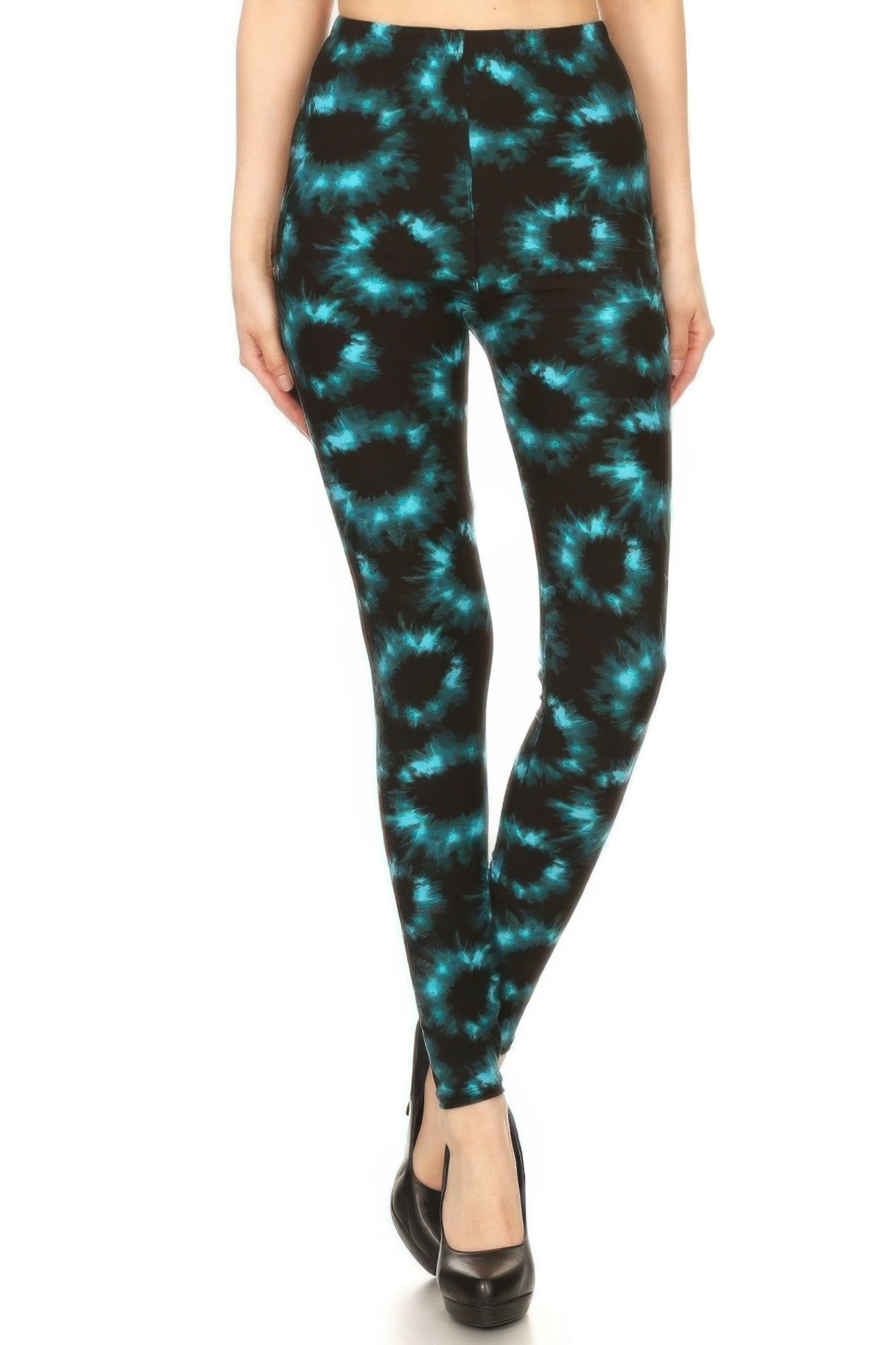 Tie-Dye Full-Length High-Waist Leggings with black and teal tie-dye pattern