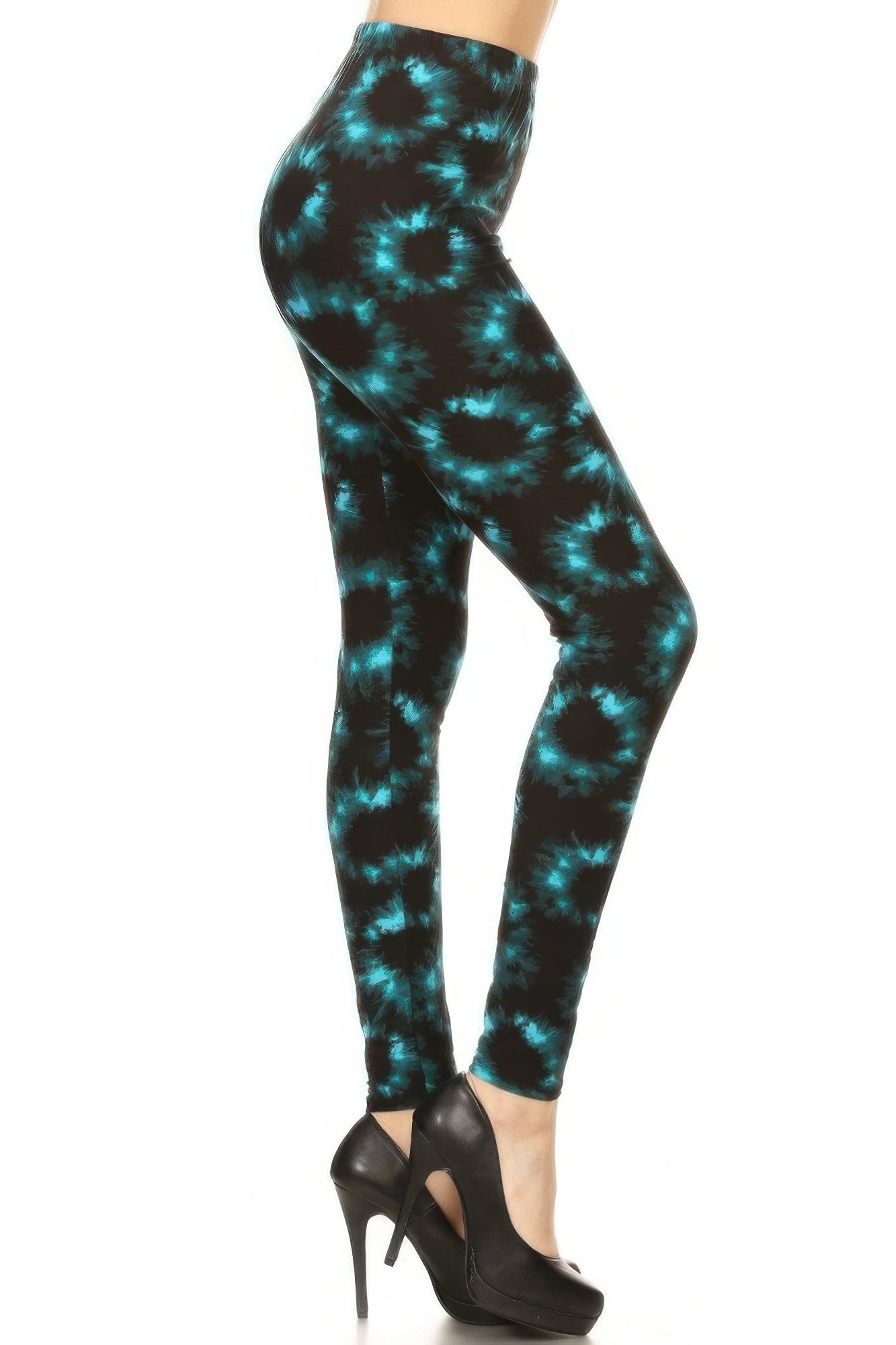 Tie-Dye Full-Length High-Waist Leggings in black with teal tie-dye pattern