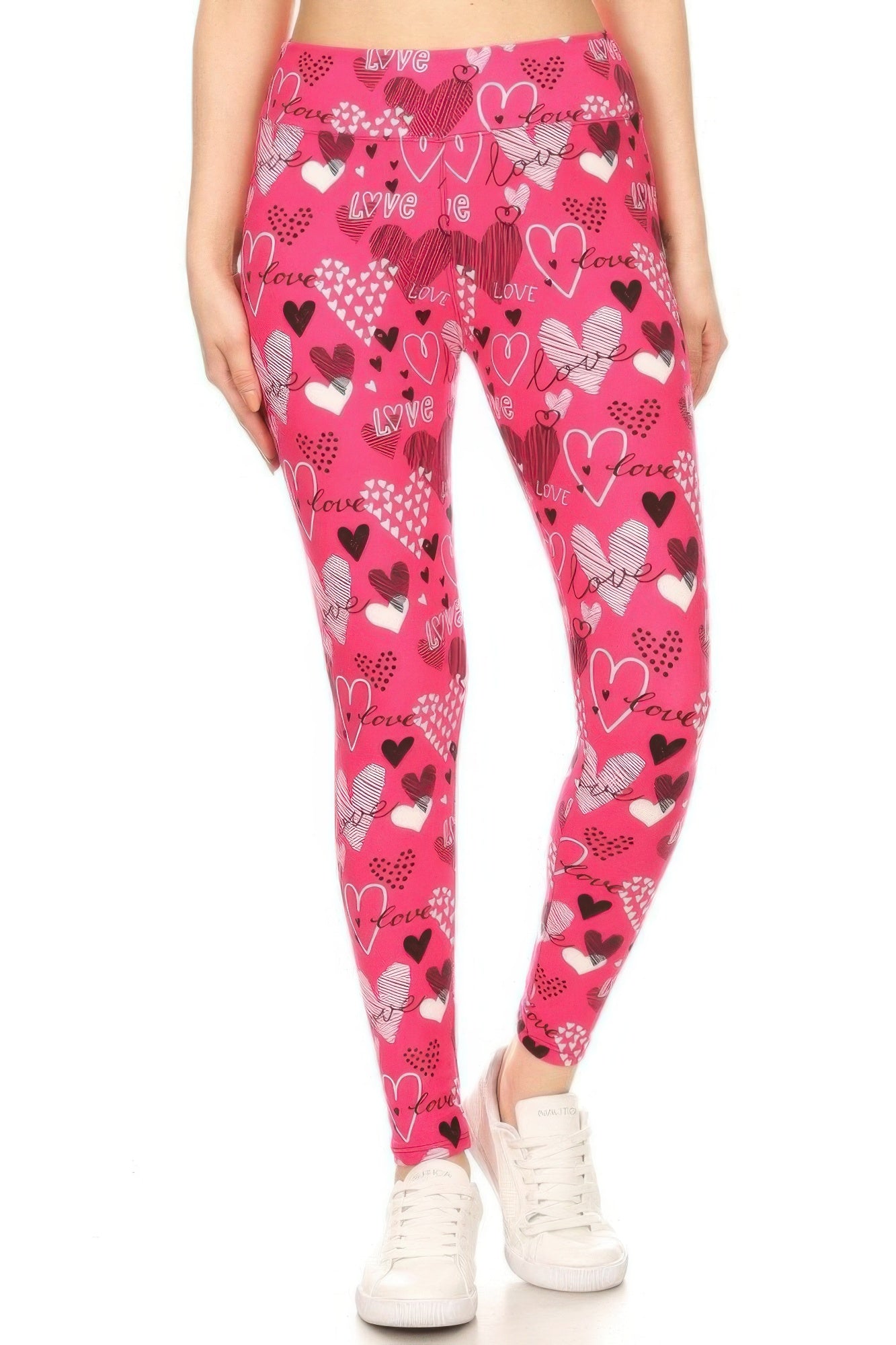 Heart Print High-Waist Leggings in pink with black and white heart patterns