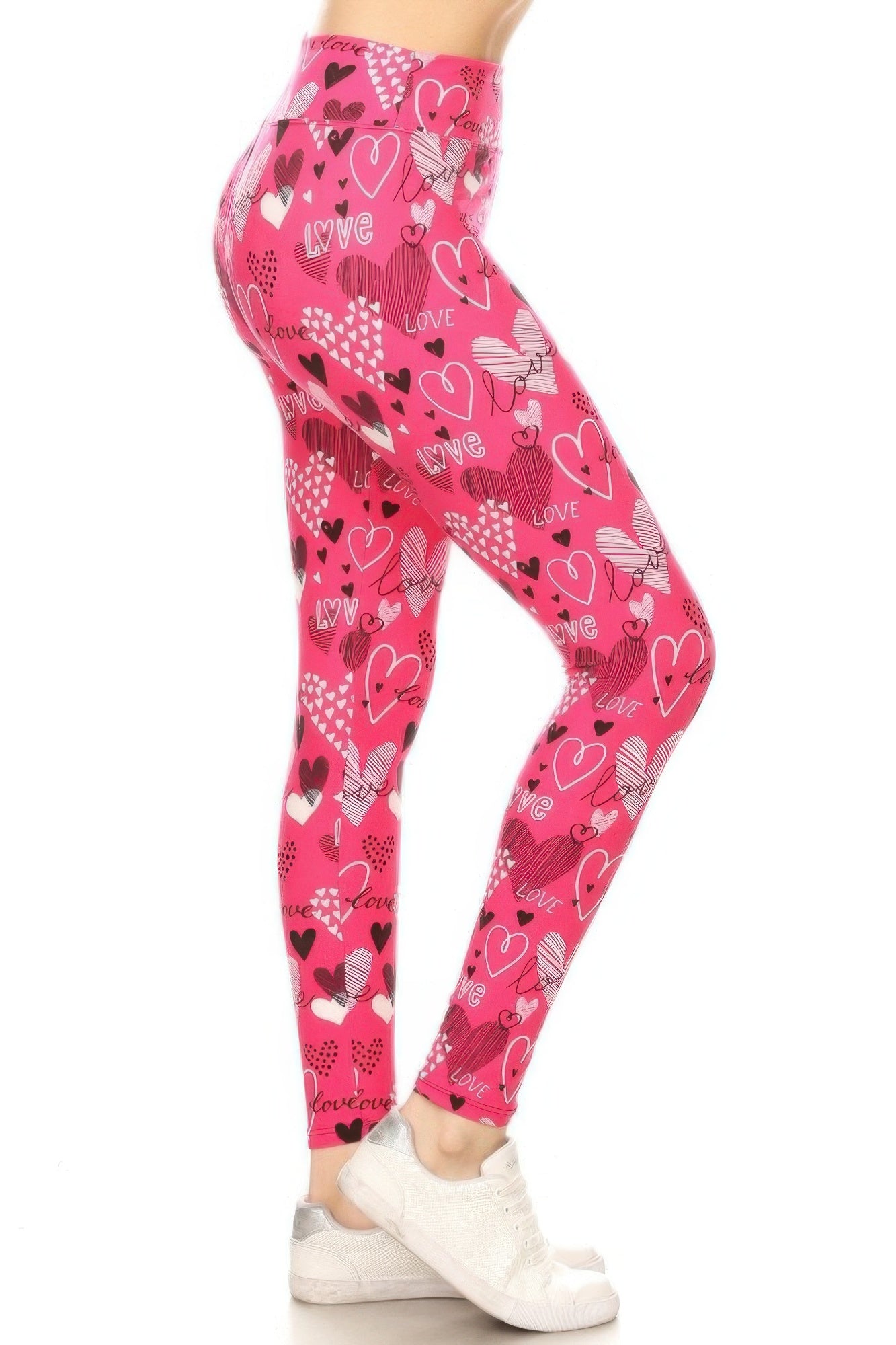 Heart Print High-Waist Leggings in pink with black and white heart patterns