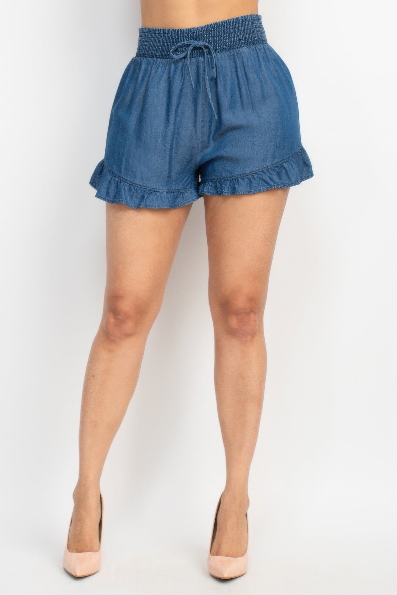 Washed Indigo Denim Smocked-Waist Ruffle Shorts