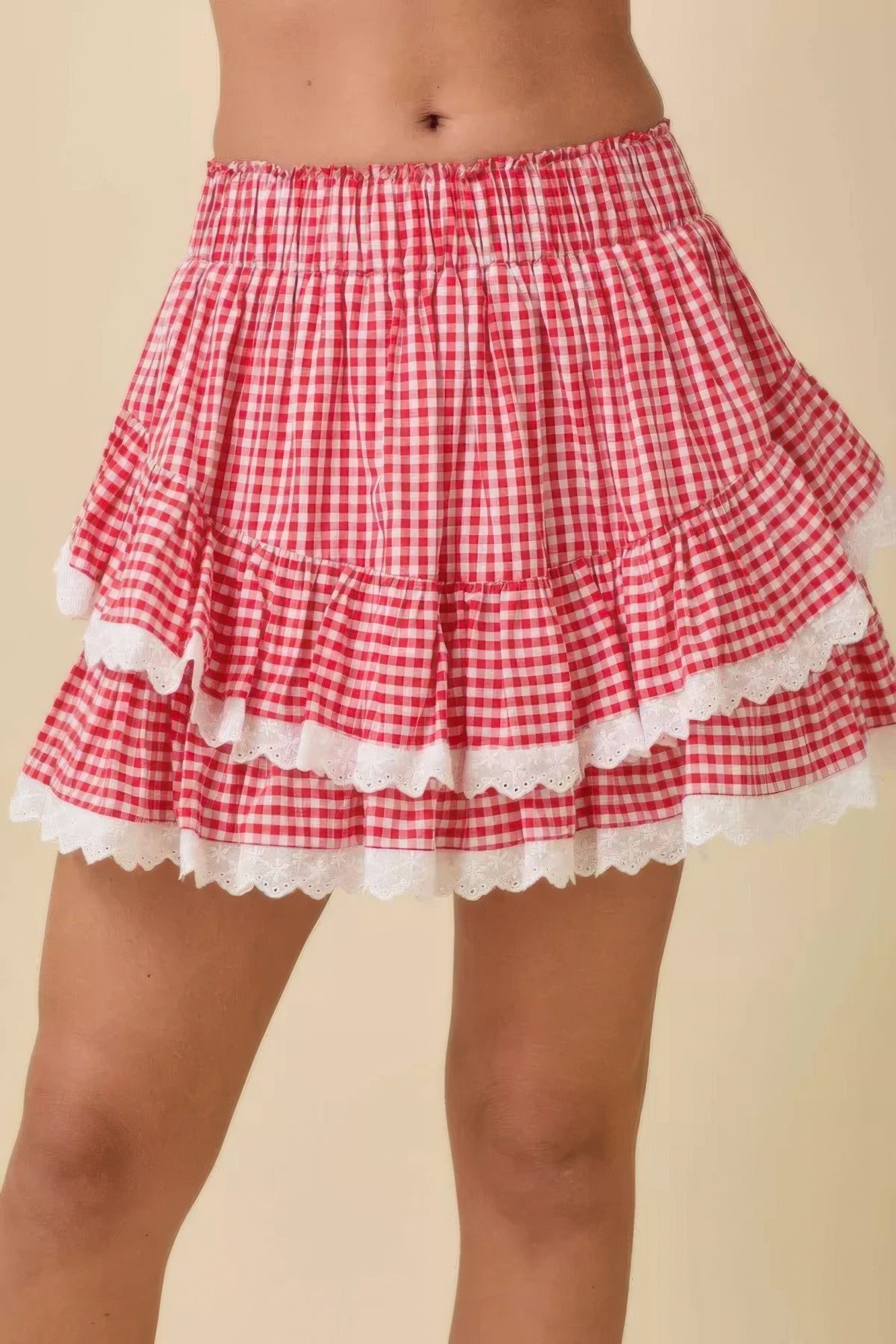 Strawberry Gingham Tiered Ruffle Skort with red and white gingham pattern and white lace trim