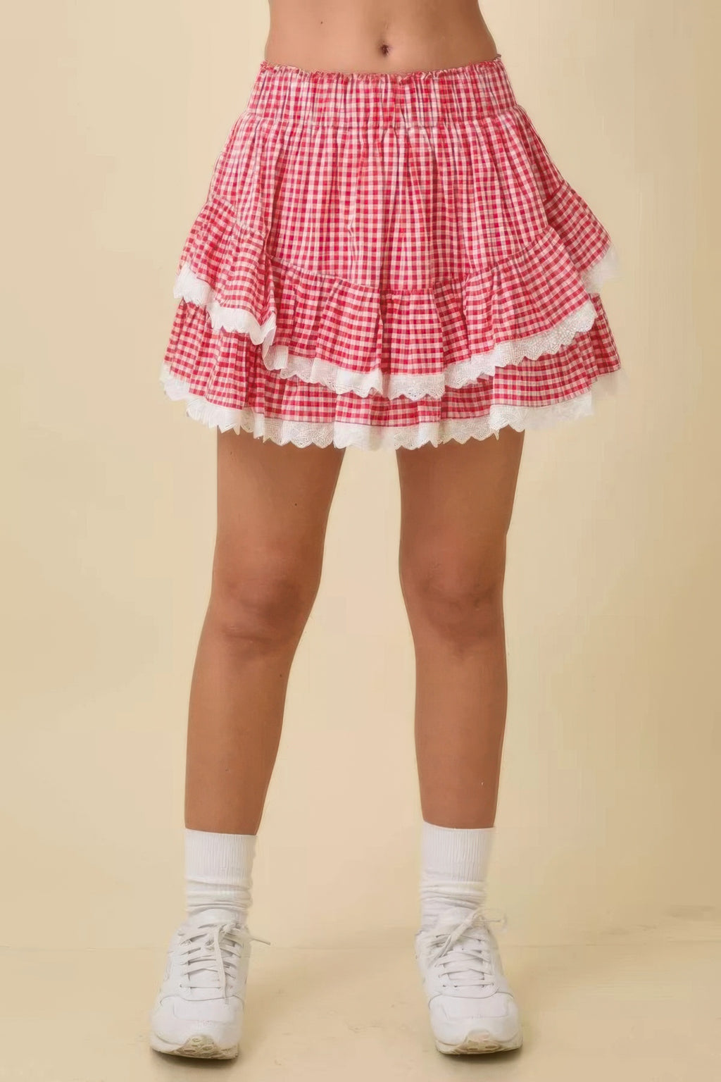 Strawberry Gingham Tiered Ruffle Skort with white lace trim, white socks, and white sneakers