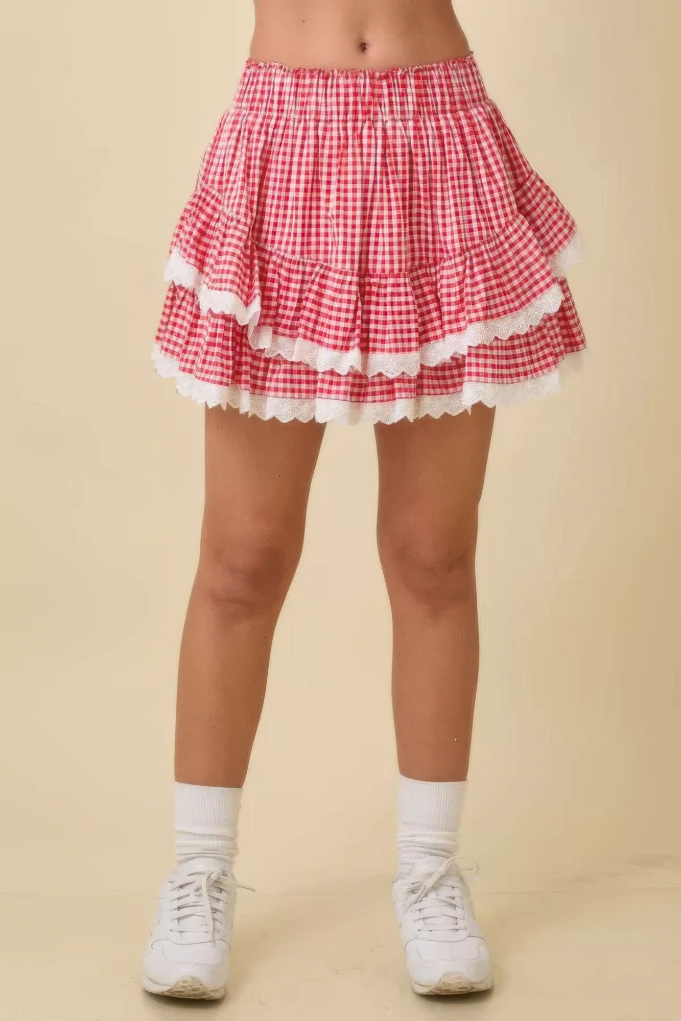 Strawberry Gingham Tiered Ruffle Skort with white lace trim, white socks, and white sneakers
