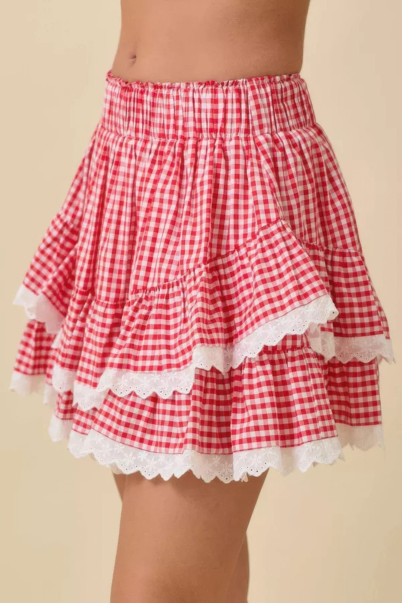 Strawberry Gingham Tiered Ruffle Skort with white lace trim