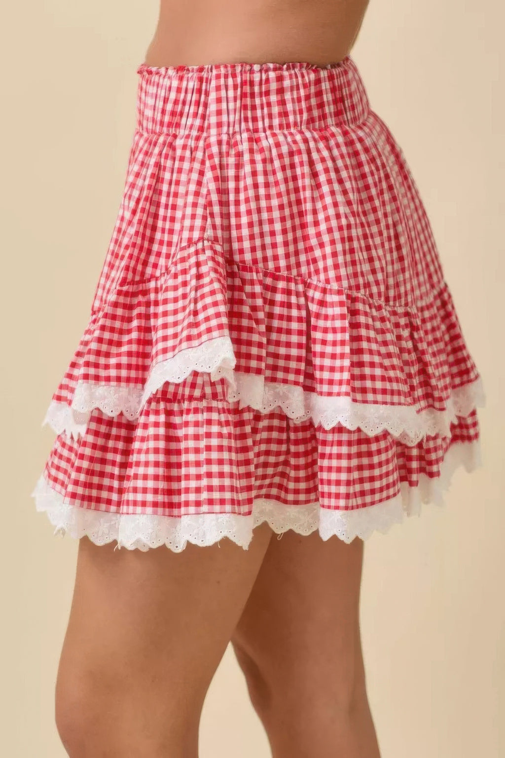 Strawberry Gingham Tiered Ruffle Skort, red and white gingham with white lace trim