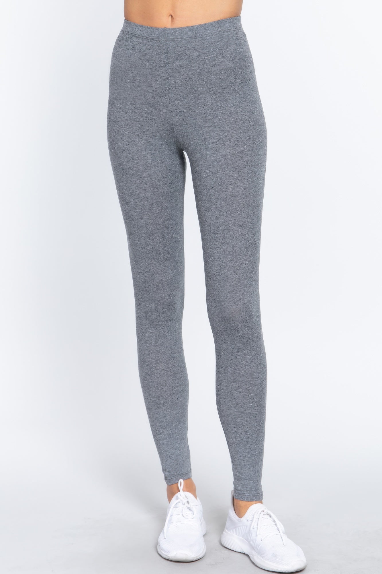 Grey Cotton Spandex Leggings paired with white athletic shoes