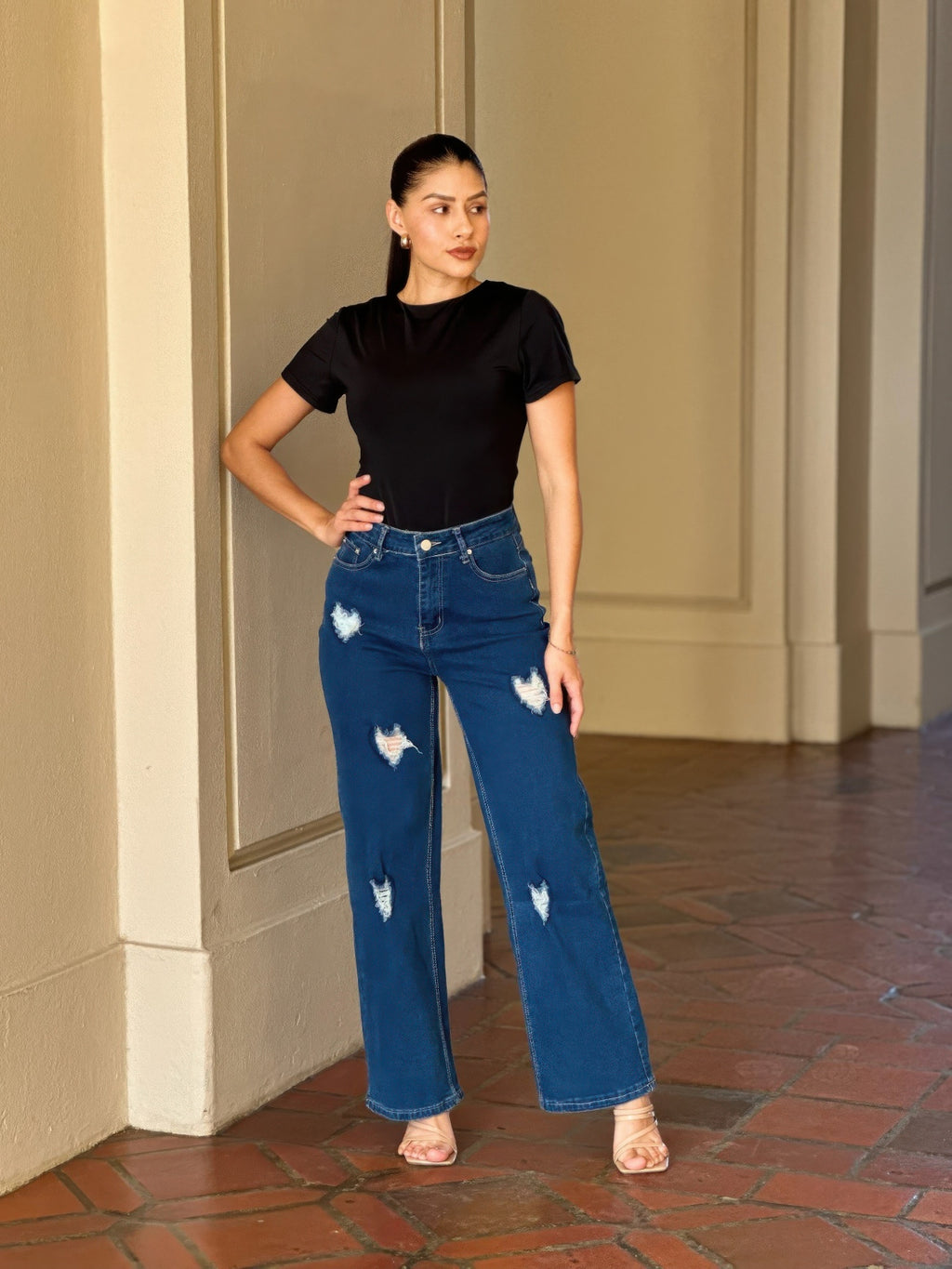 Embroidered Wide Leg Jeans with distressed heart denim