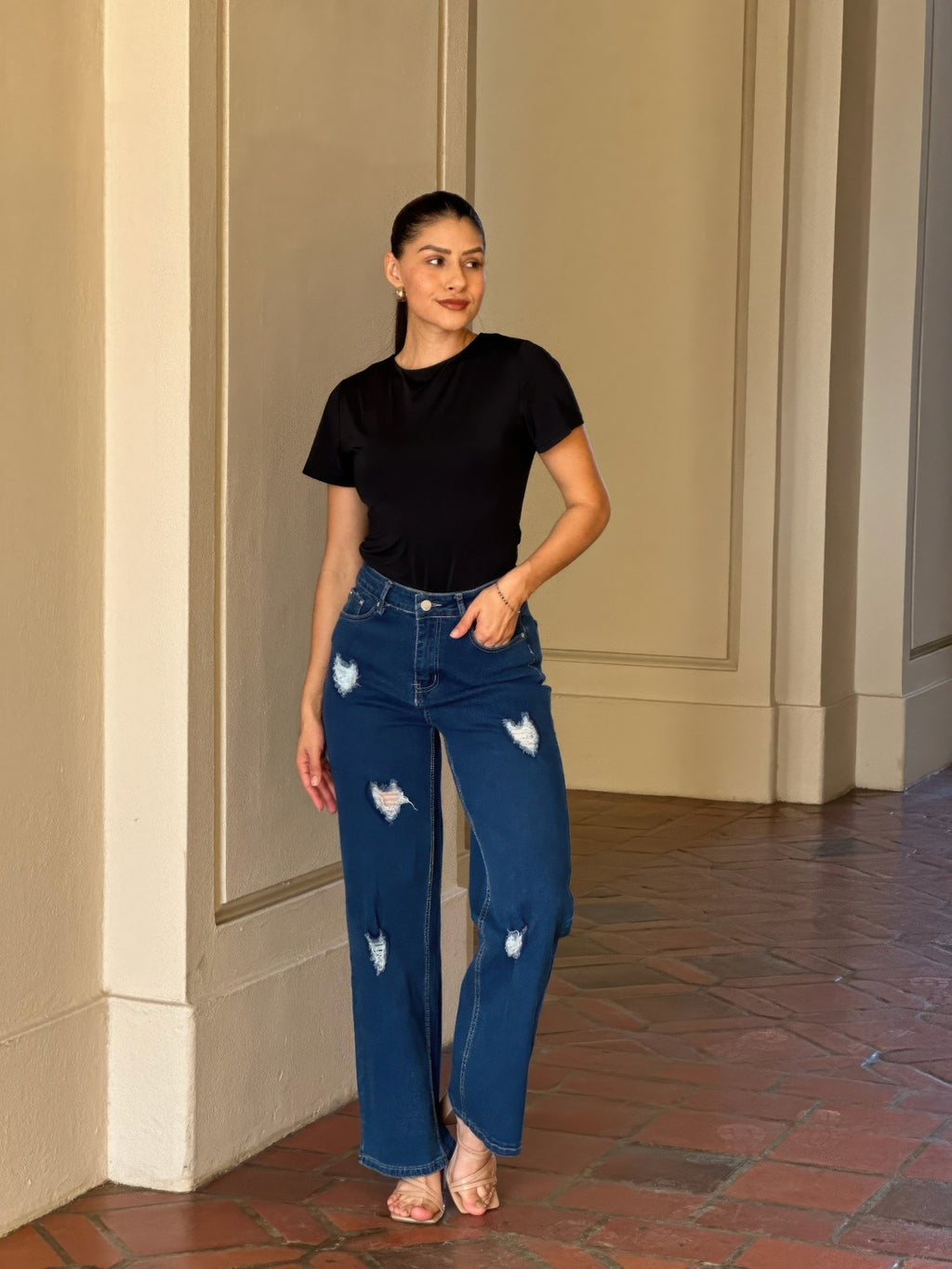 Embroidered Wide Leg Jeans - Distressed Heart Denim