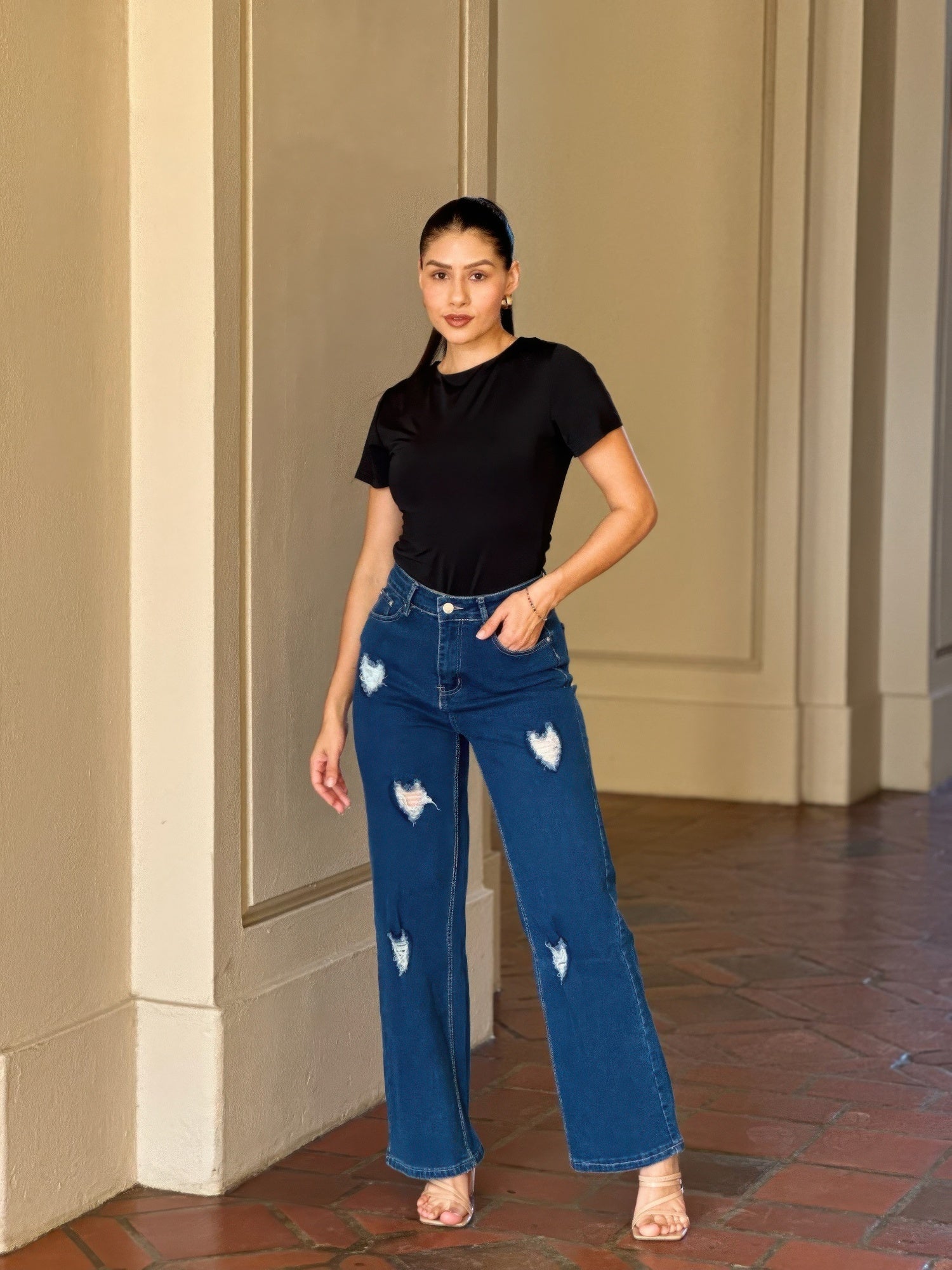 Embroidered Wide Leg Jeans - Distressed Heart Denim
