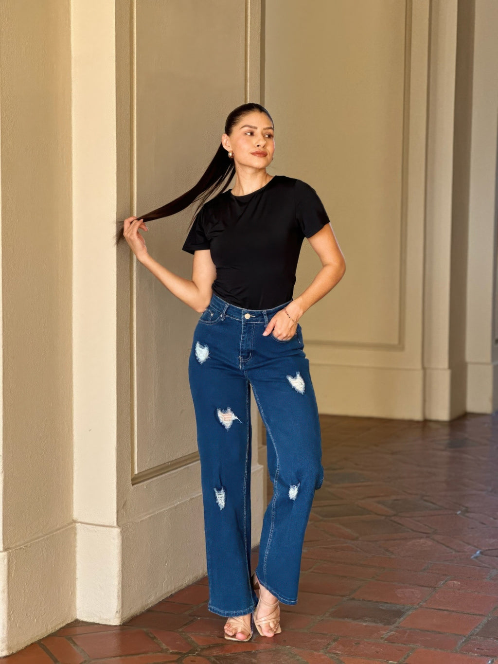 Embroidered Wide Leg Jeans - Distressed Heart Denim