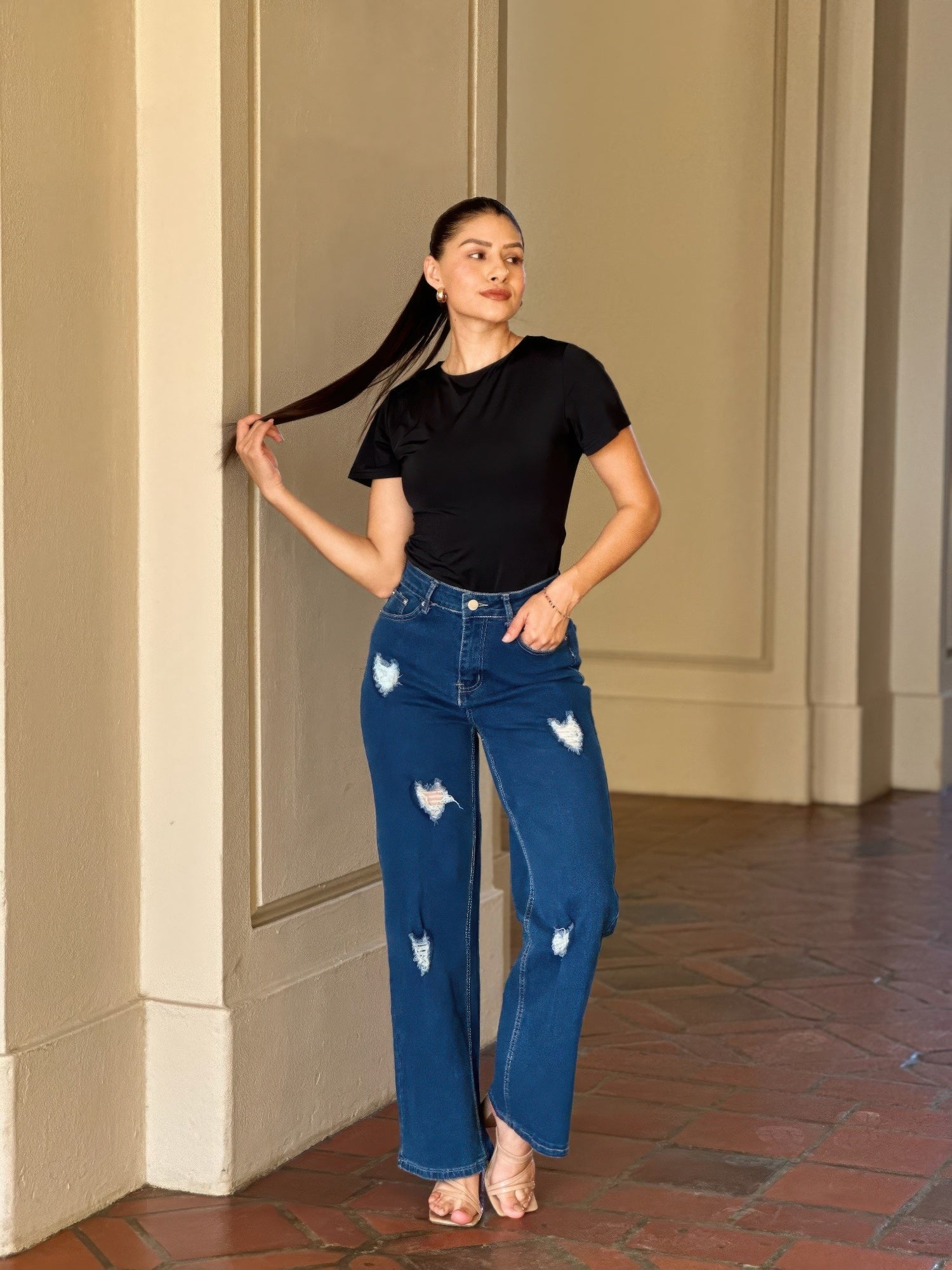 Embroidered Wide Leg Jeans - Distressed Heart Denim