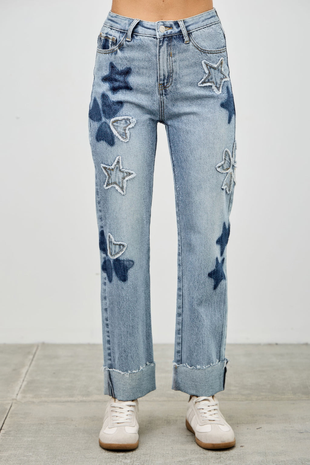 High Rise Star & Heart Patched Dad Jeans with Stretch