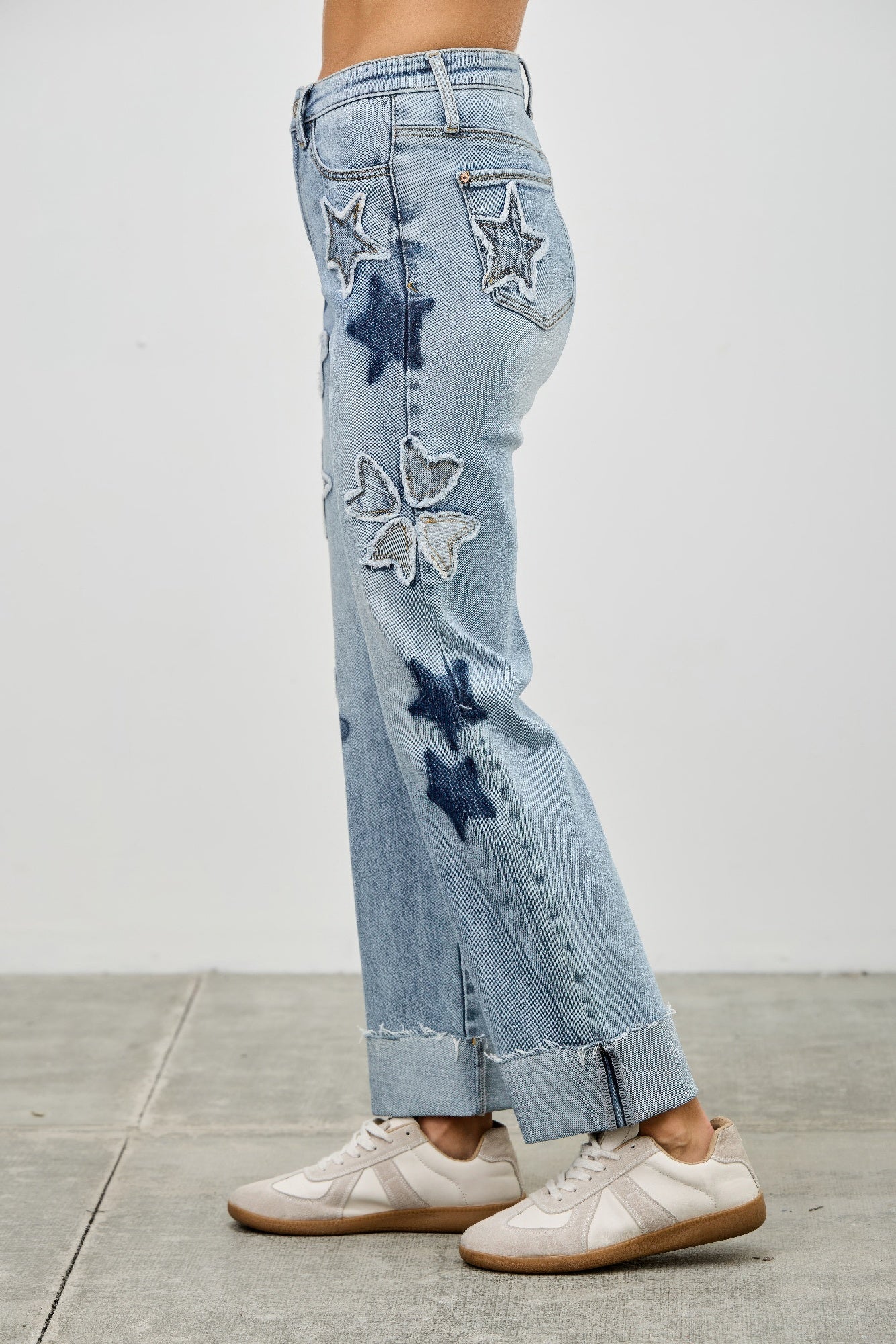 High Rise Star & Heart Patched Dad Jeans with Stretch