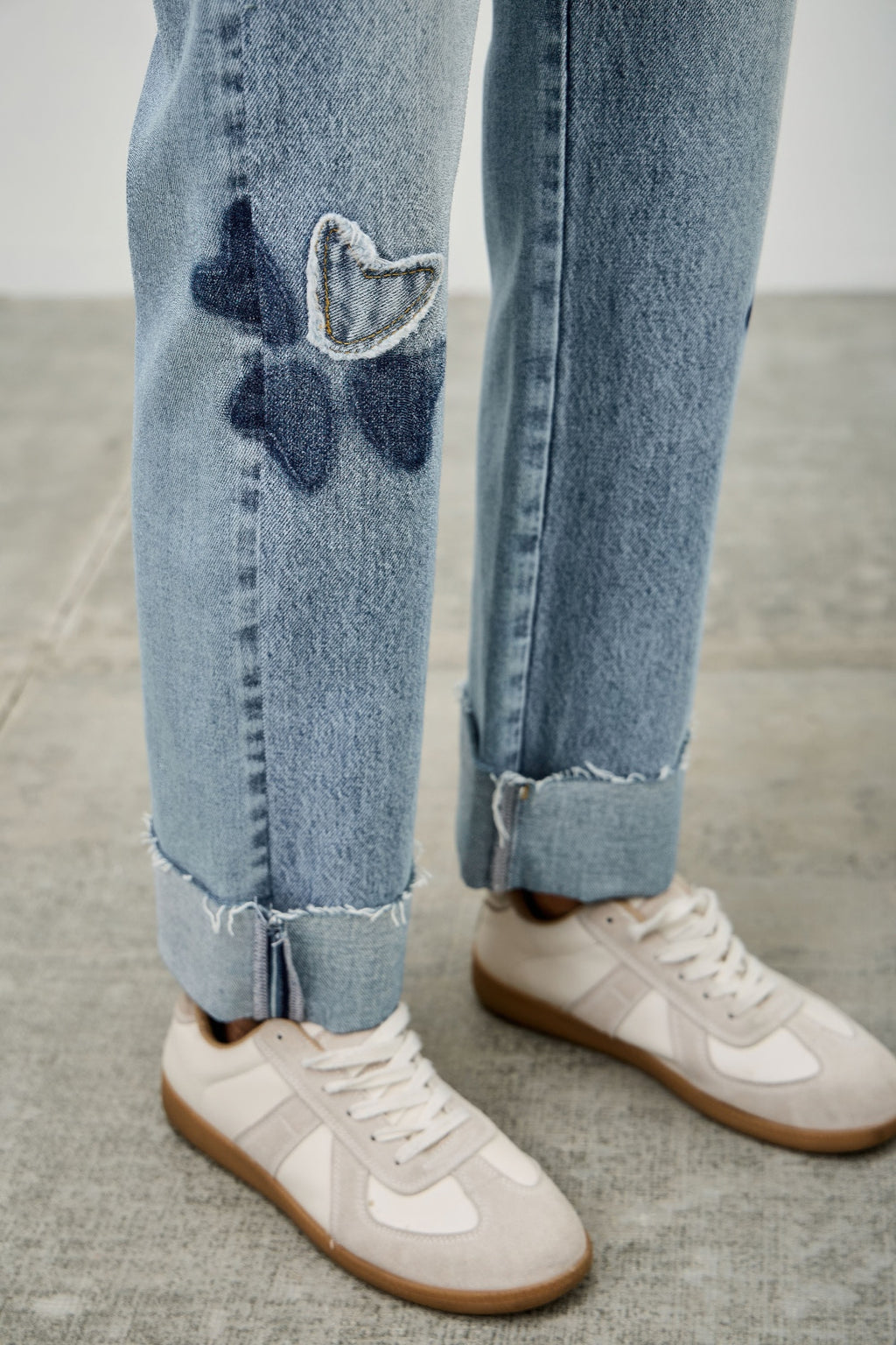 High Rise Star & Heart Patched Dad Jeans with Stretch, cuffed at the ankle, worn with white sneakers