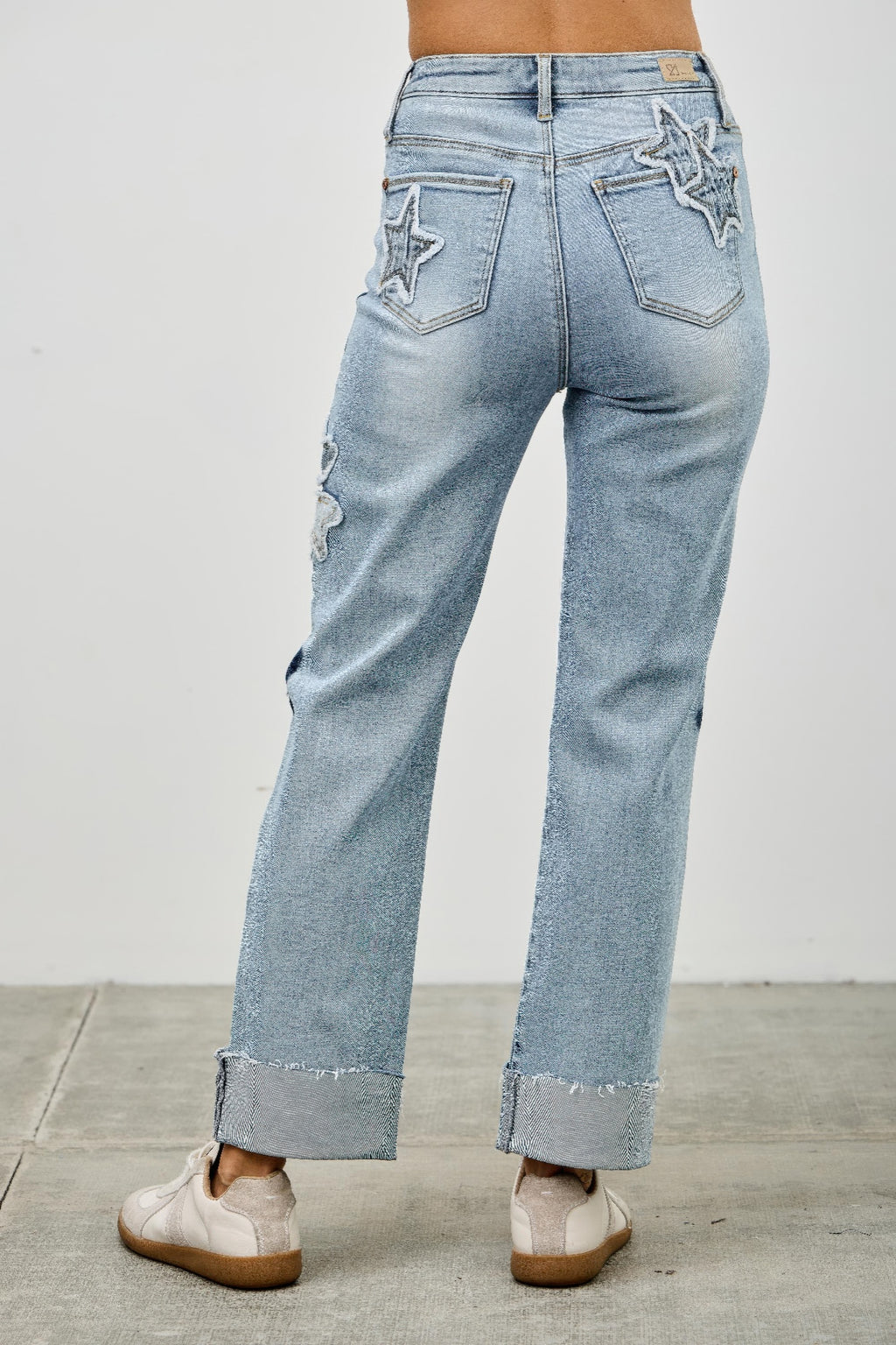 High Rise Star & Heart Patched Dad Jeans with Stretch, back view