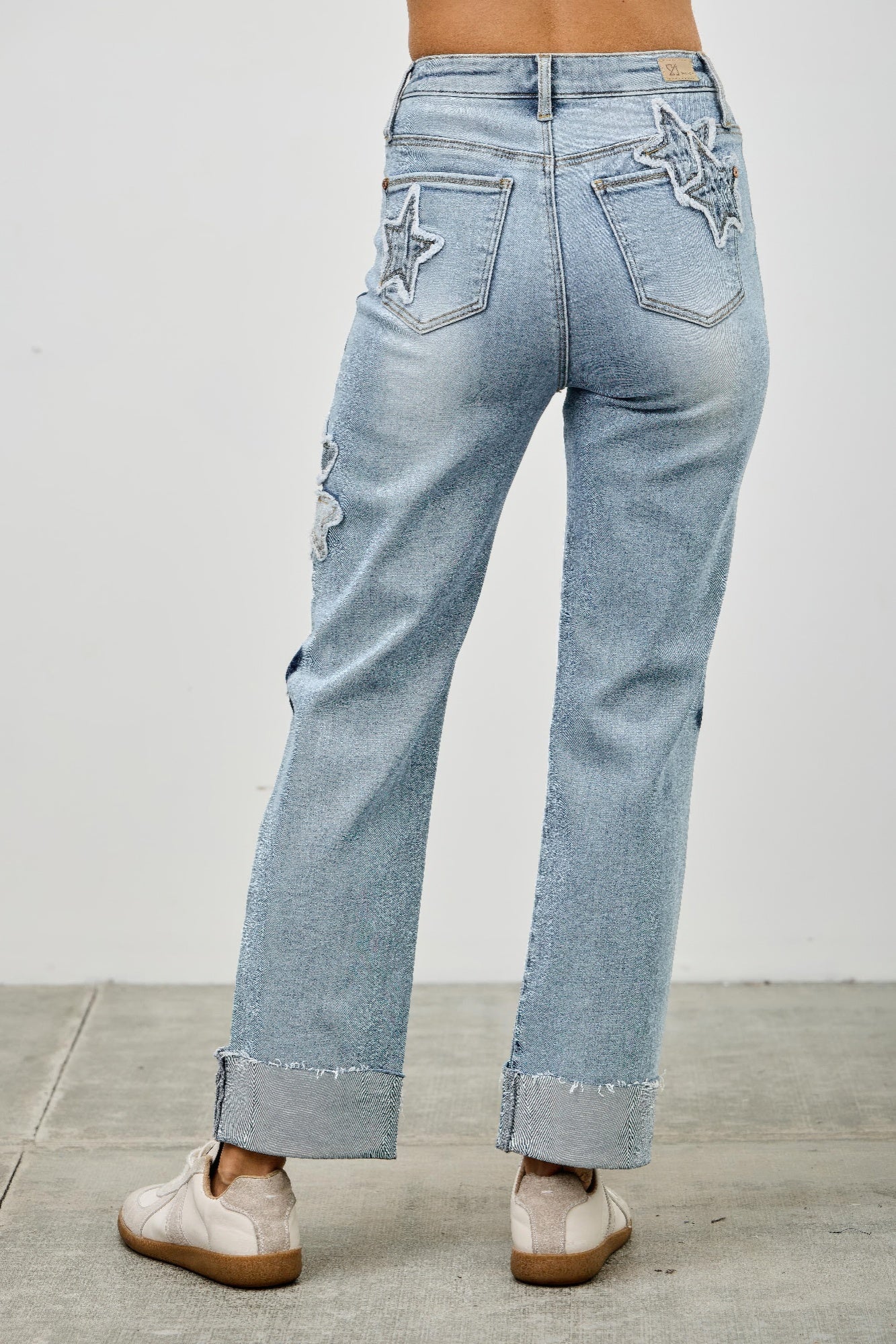 High Rise Star & Heart Patched Dad Jeans with Stretch, back view