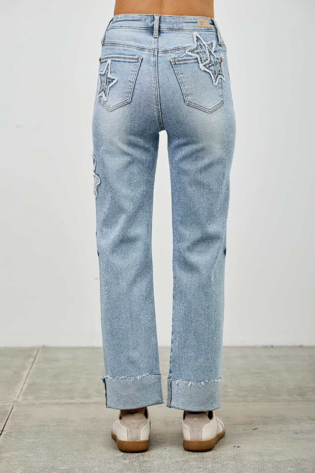 Back view of High Rise Star & Heart Patched Dad Jeans with Stretch