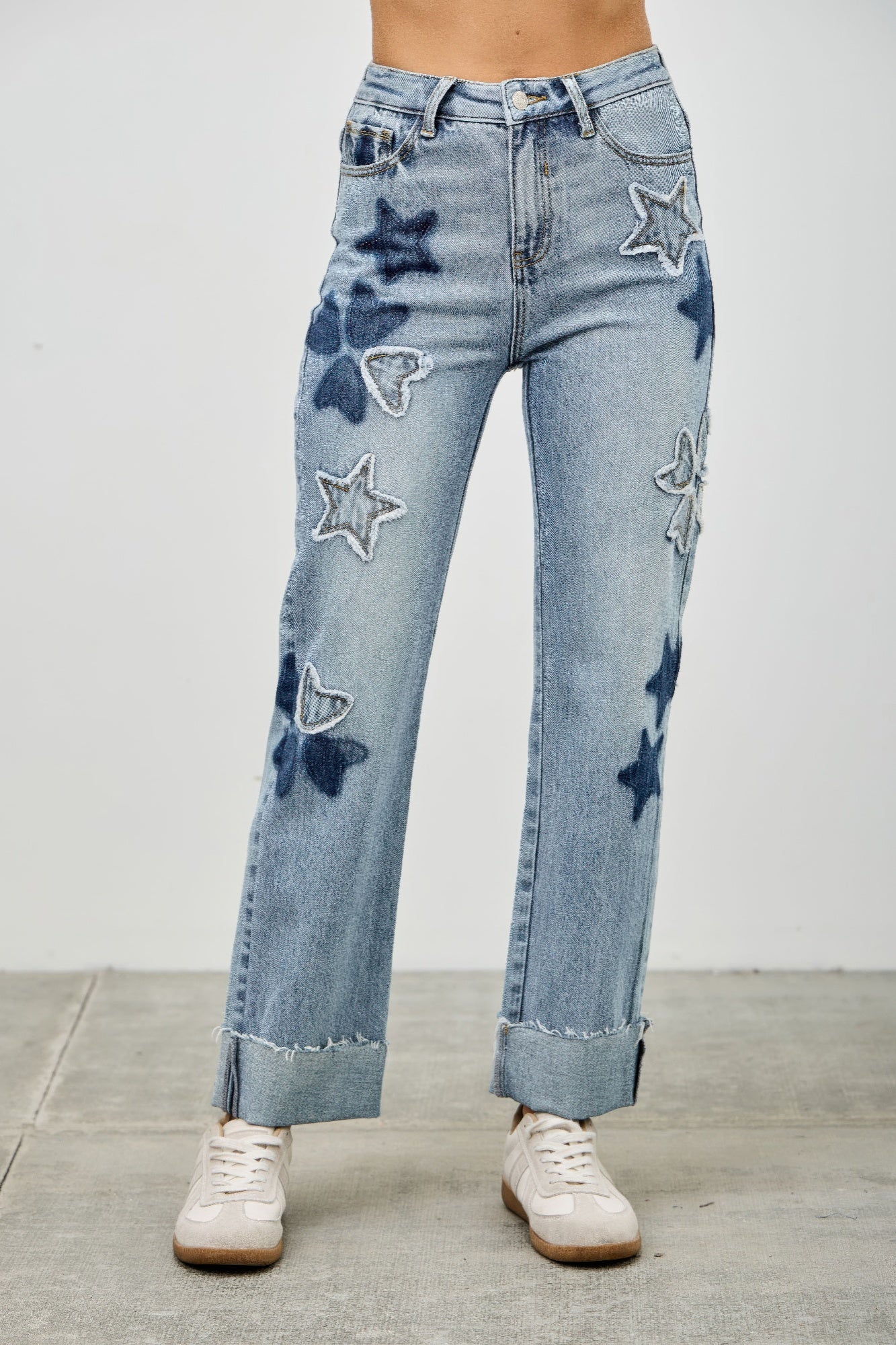 High Rise Star & Heart Patched Dad Jeans with Stretch