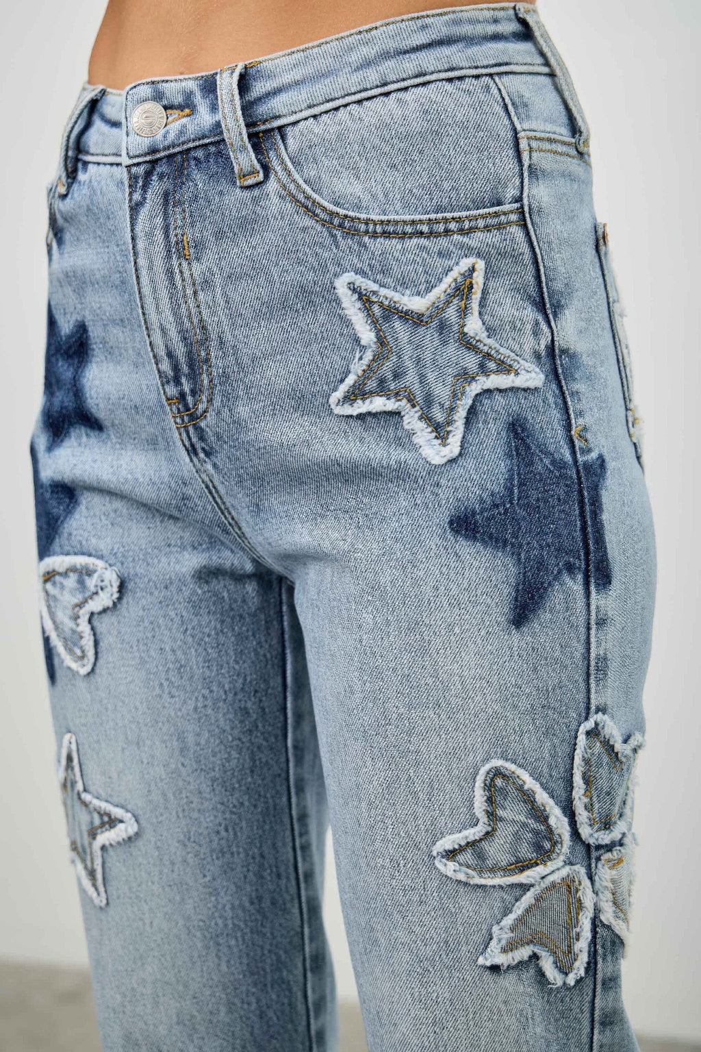 High Rise Star & Heart Patched Dad Jeans with Stretch, close up of star and heart patches