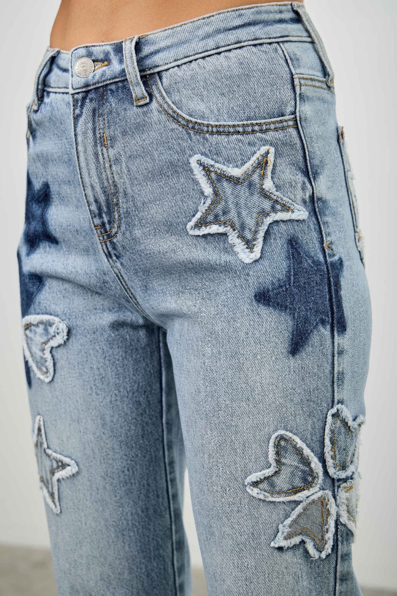 High Rise Star & Heart Patched Dad Jeans with Stretch, close up of star and heart patches