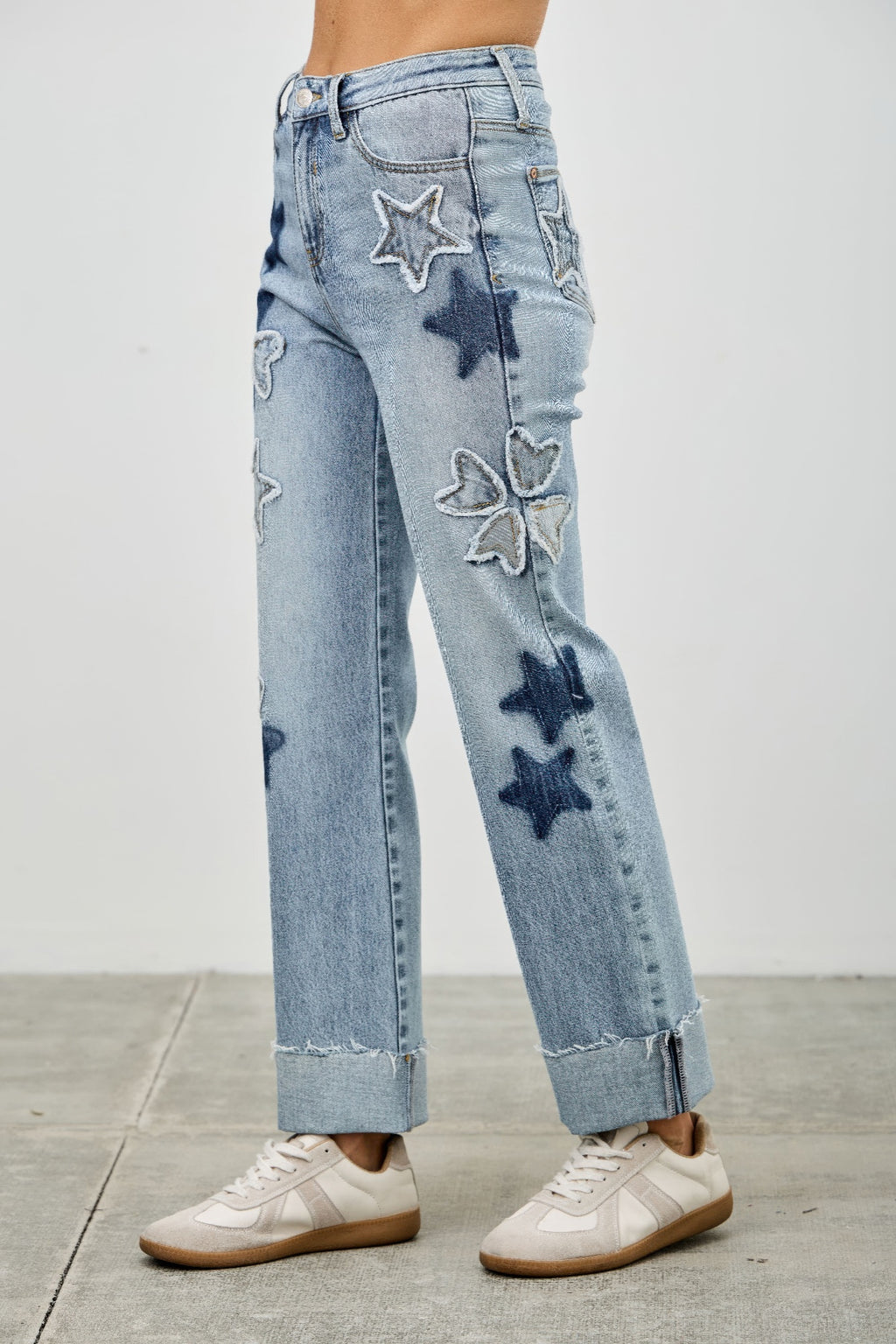 High Rise Star & Heart Patched Dad Jeans with Stretch