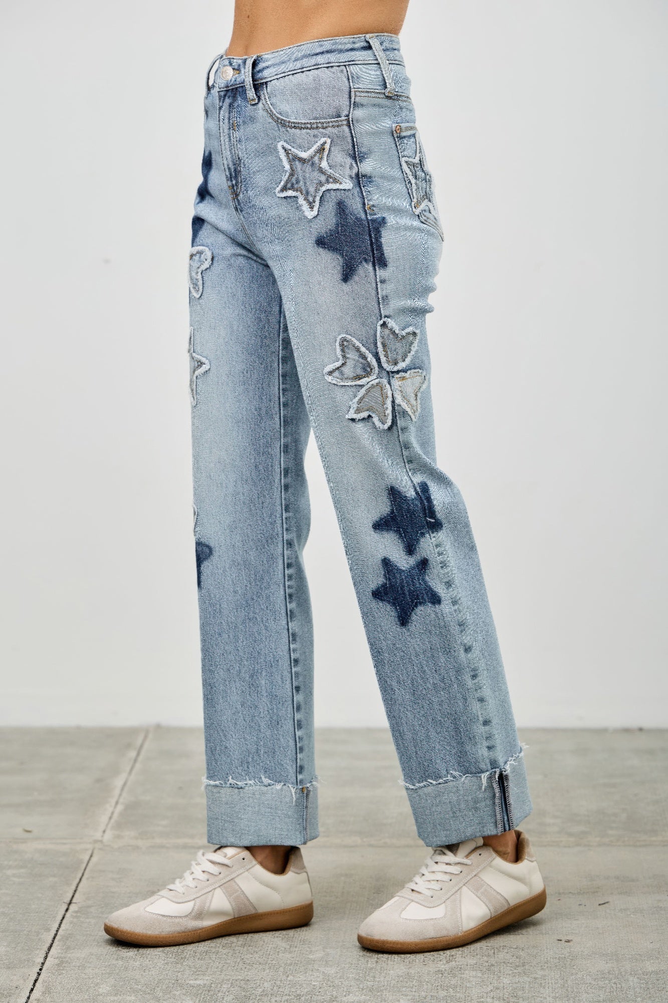 High Rise Star & Heart Patched Dad Jeans with Stretch