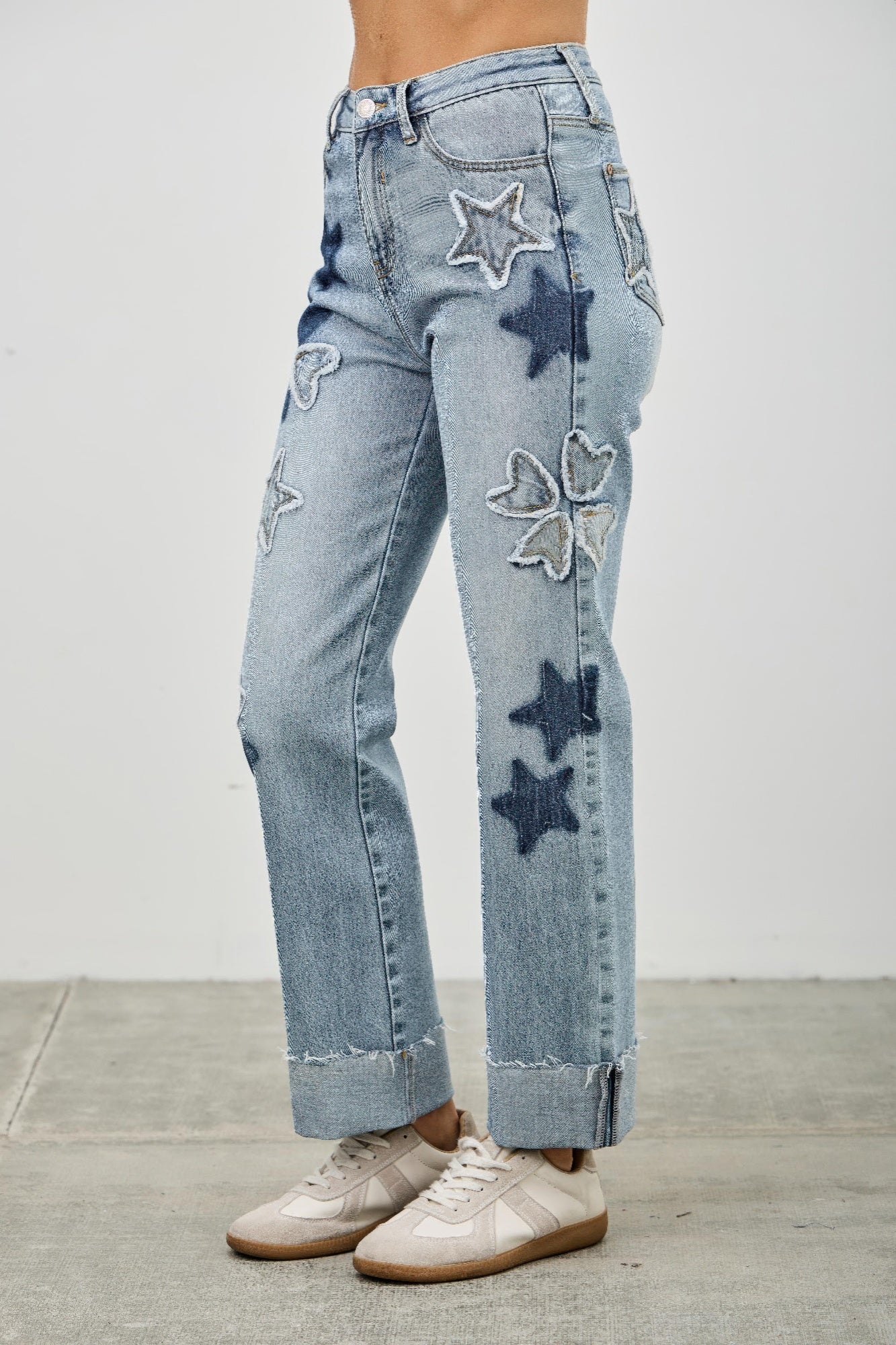 High Rise Star & Heart Patched Dad Jeans with Stretch