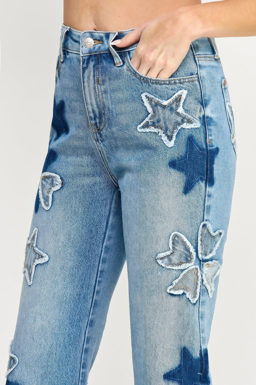 High Rise Star & Heart Patched Dad Jeans with Stretch