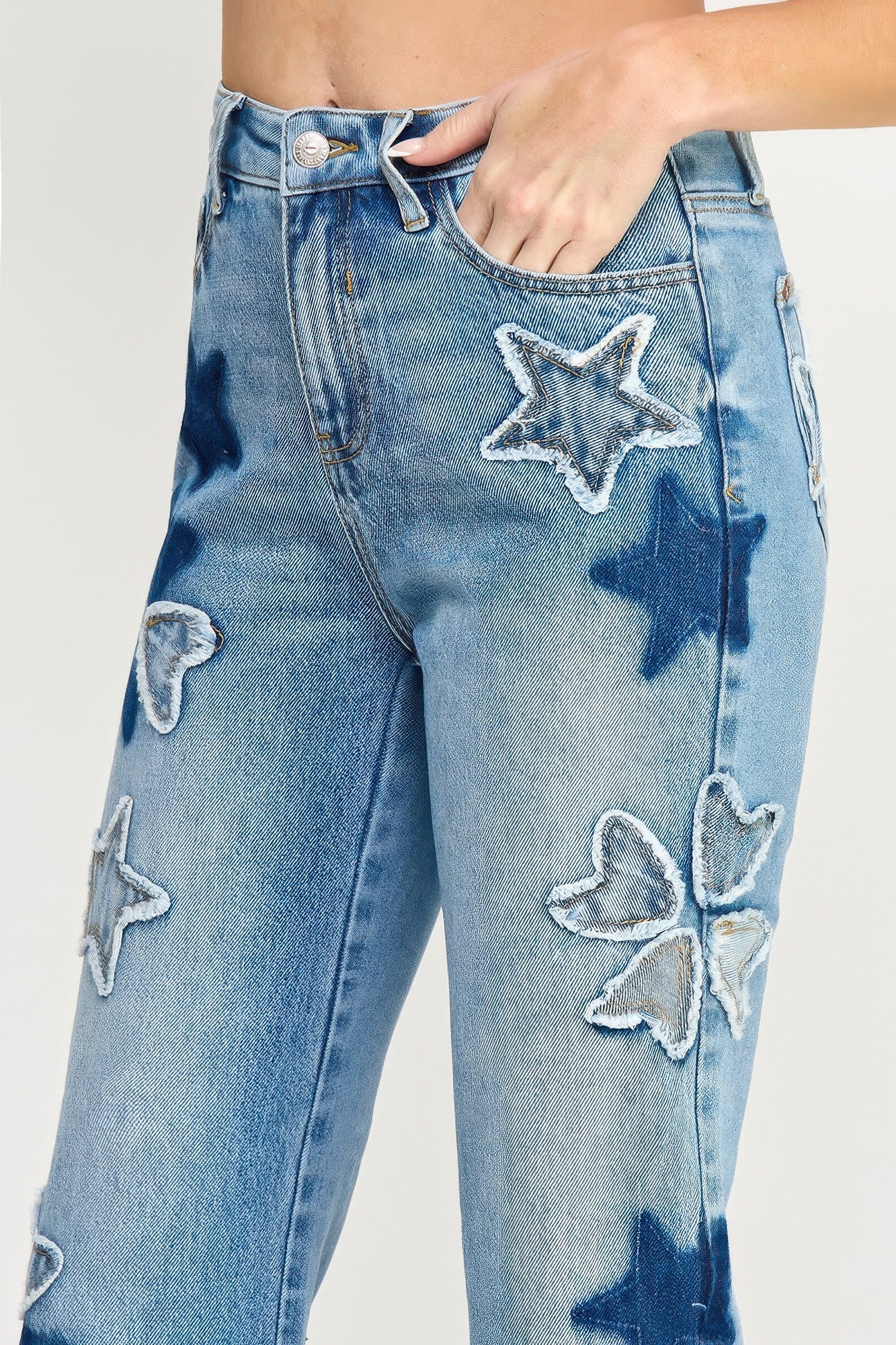 High Rise Star & Heart Patched Dad Jeans with Stretch