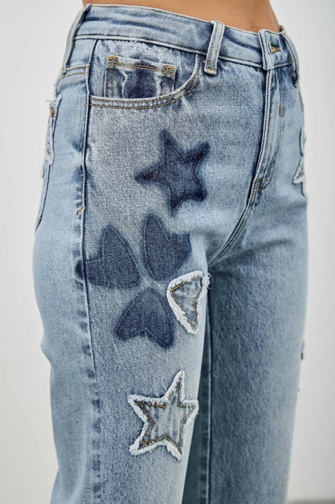 High Rise Star & Heart Patched Dad Jeans with Stretch