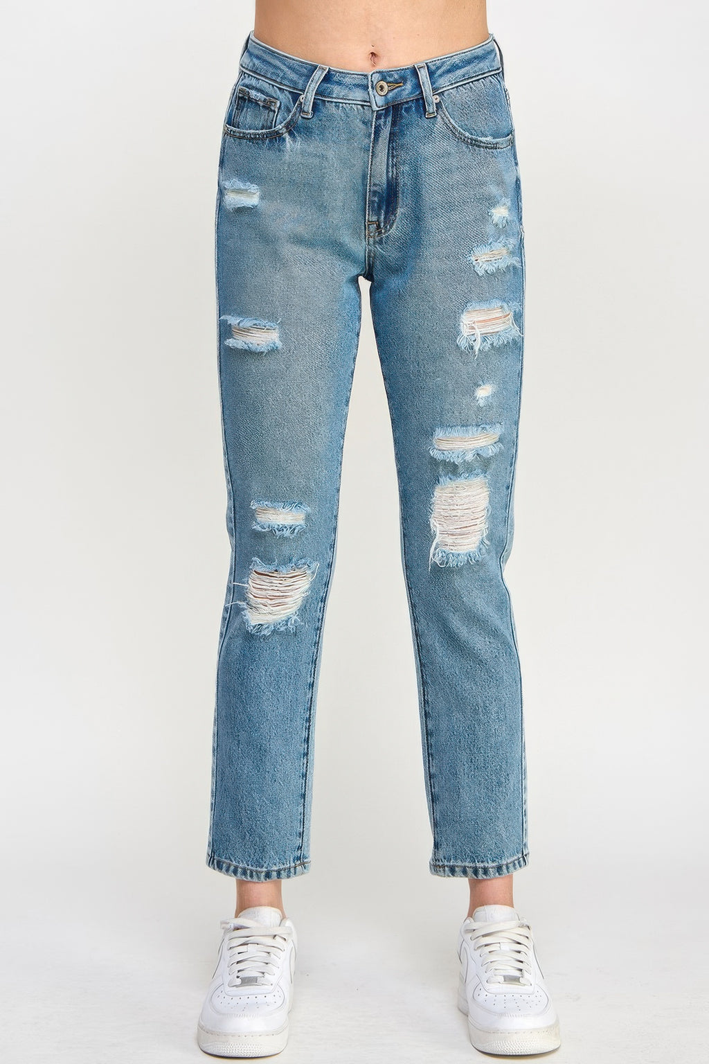 High Rise Distressed Relaxed Straight Jeans with white sneakers