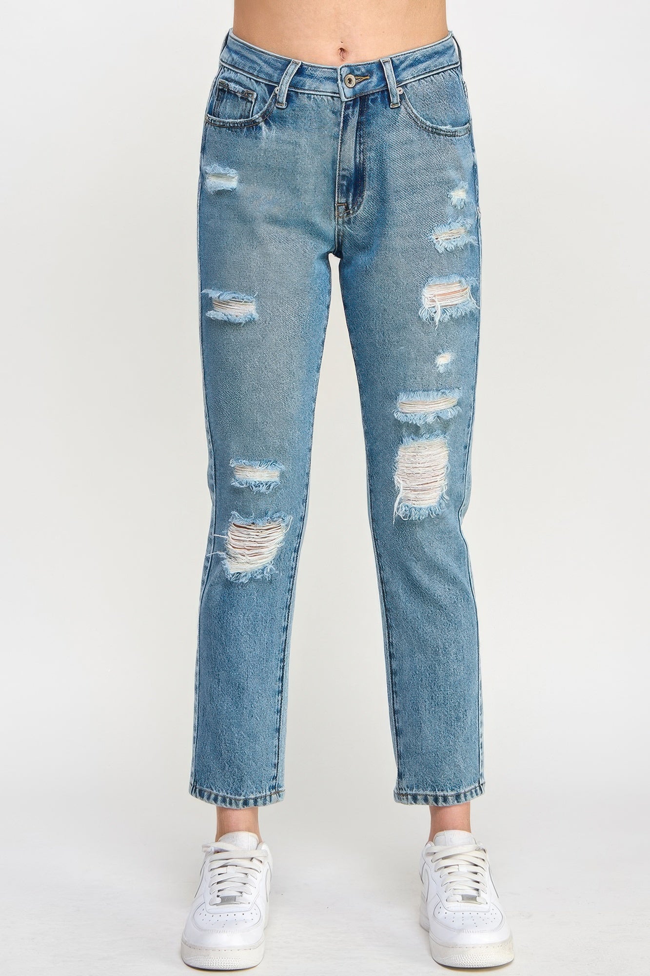 High Rise Distressed Relaxed Straight Jeans with white sneakers