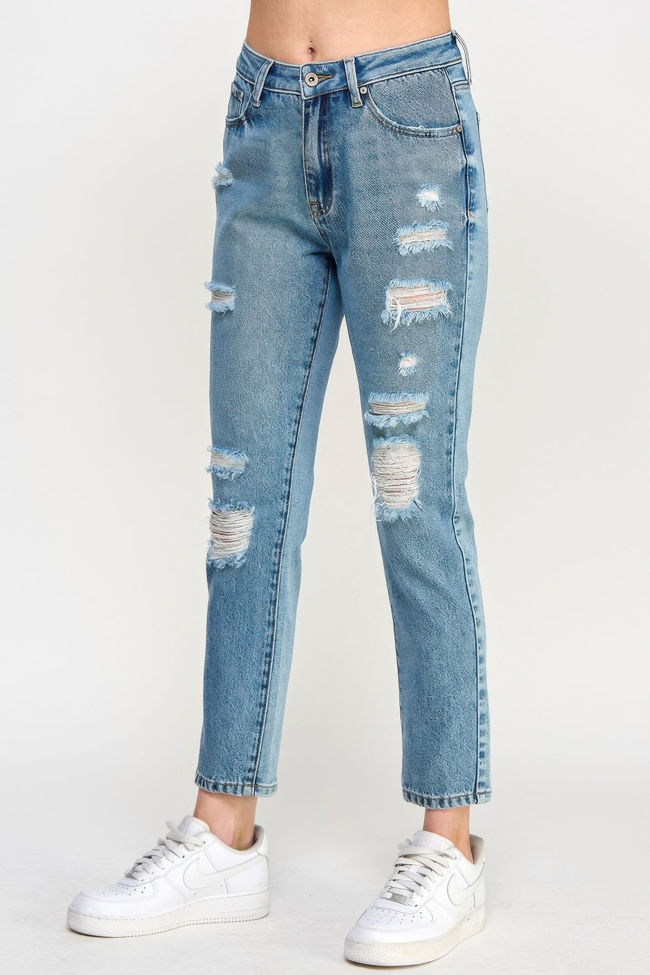High Rise Distressed Relaxed Straight Jeans with white sneakers