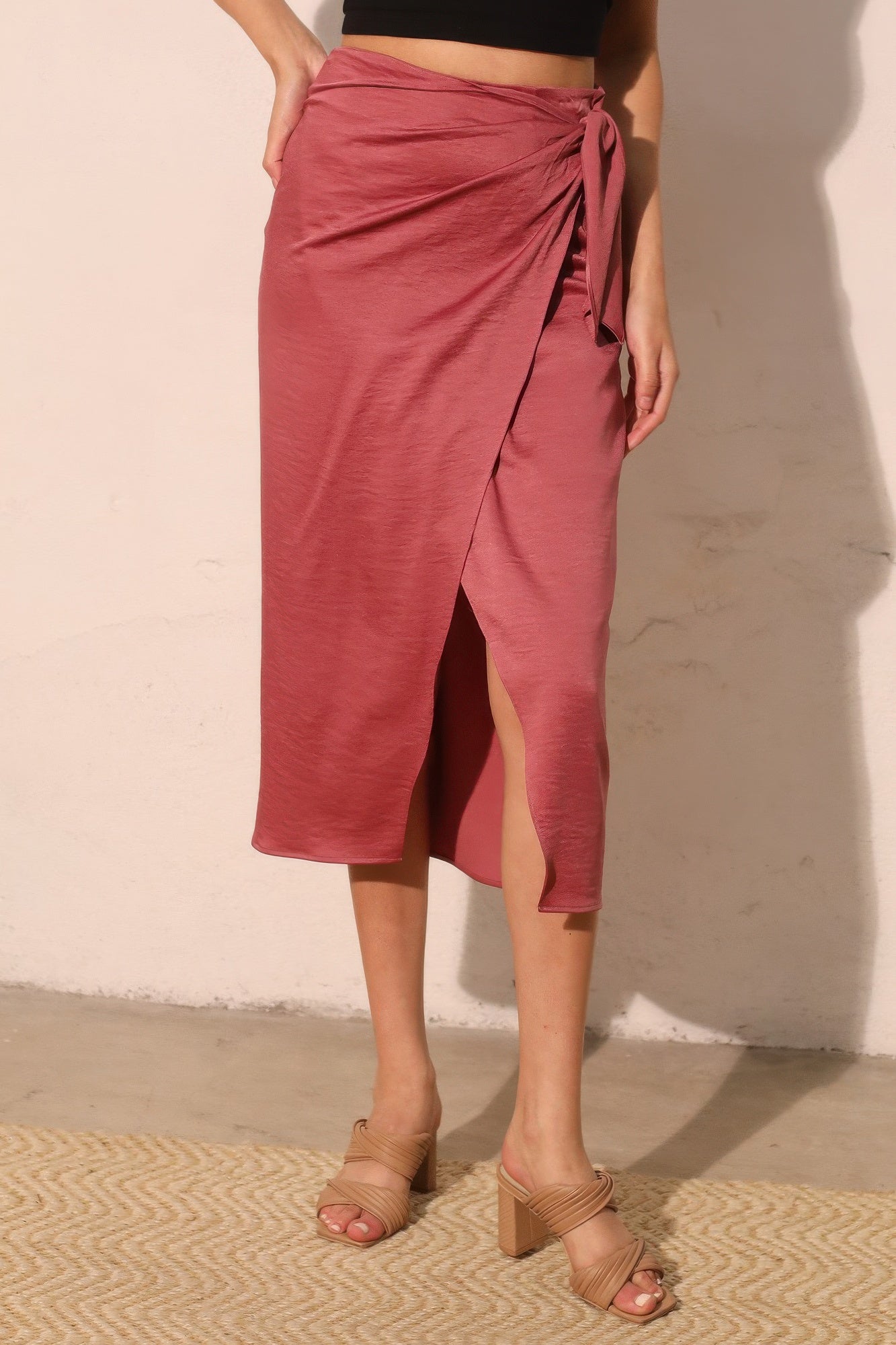 Rosewood Clay Wrap-Front Midi Skirt