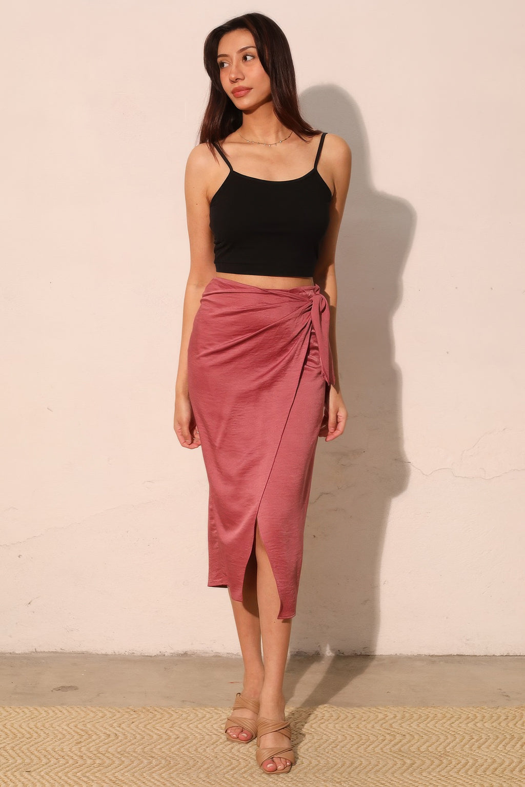 Rosewood Clay Wrap-Front Midi Skirt