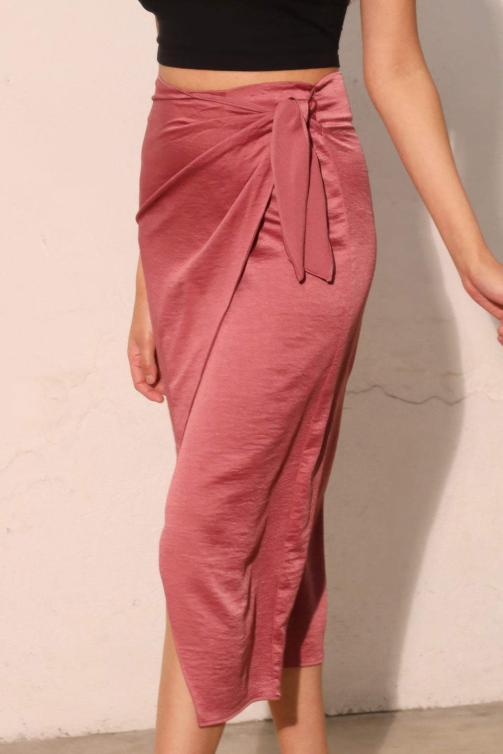 Rosewood Clay Wrap-Front Midi Skirt with a tie detail at the waist