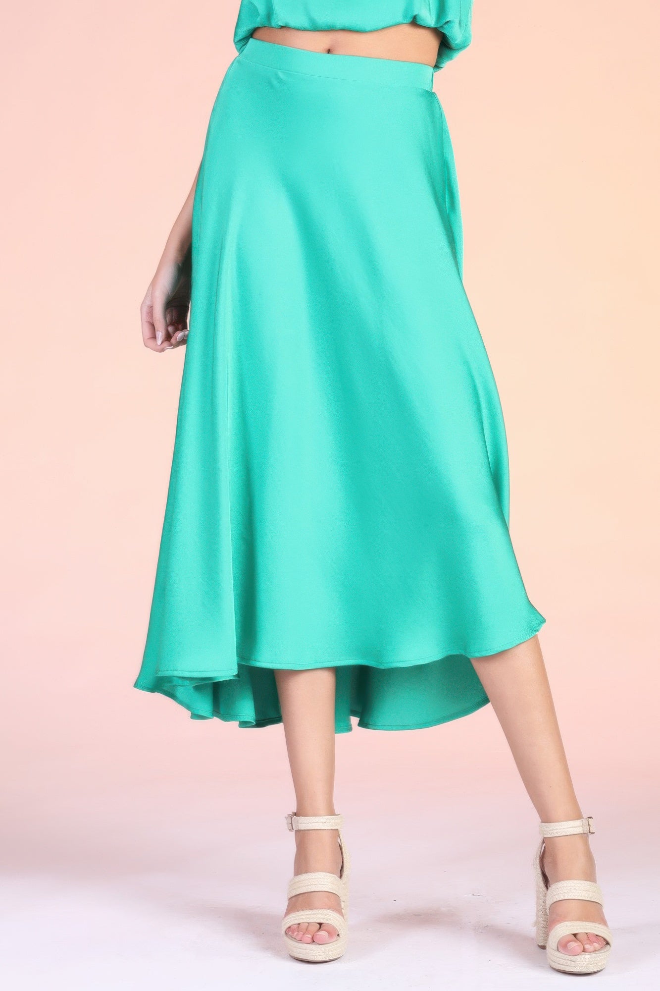 Aqua Mint Fluid A-Line Midi Skirt with white espadrille platform sandals