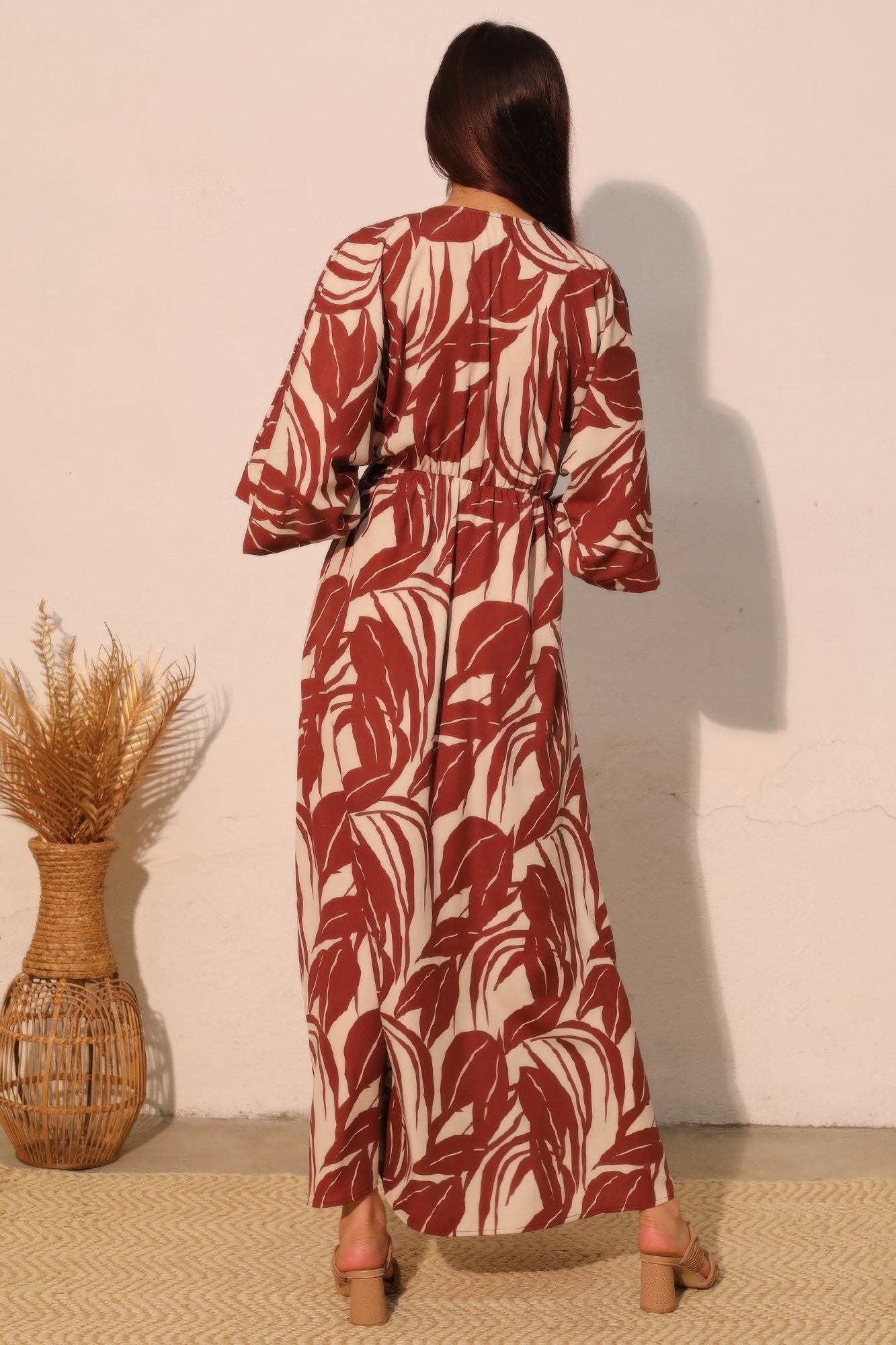 Kimono Maxi Dress with red and white leaf pattern, seen from the back