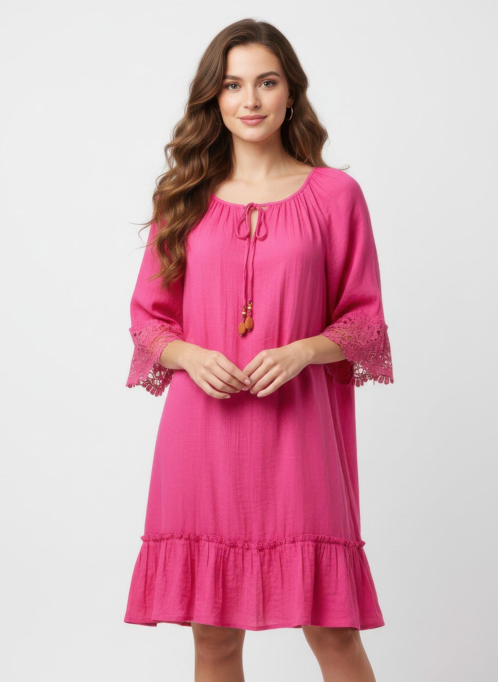 Vibrant Fuchsia Lace-Cuff Dress